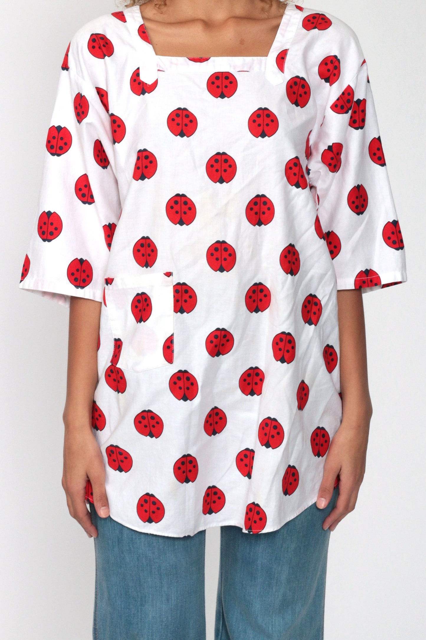 70s Ladybug Print Tunic Blouse Open Back 3/4 Sleeve Extra Small