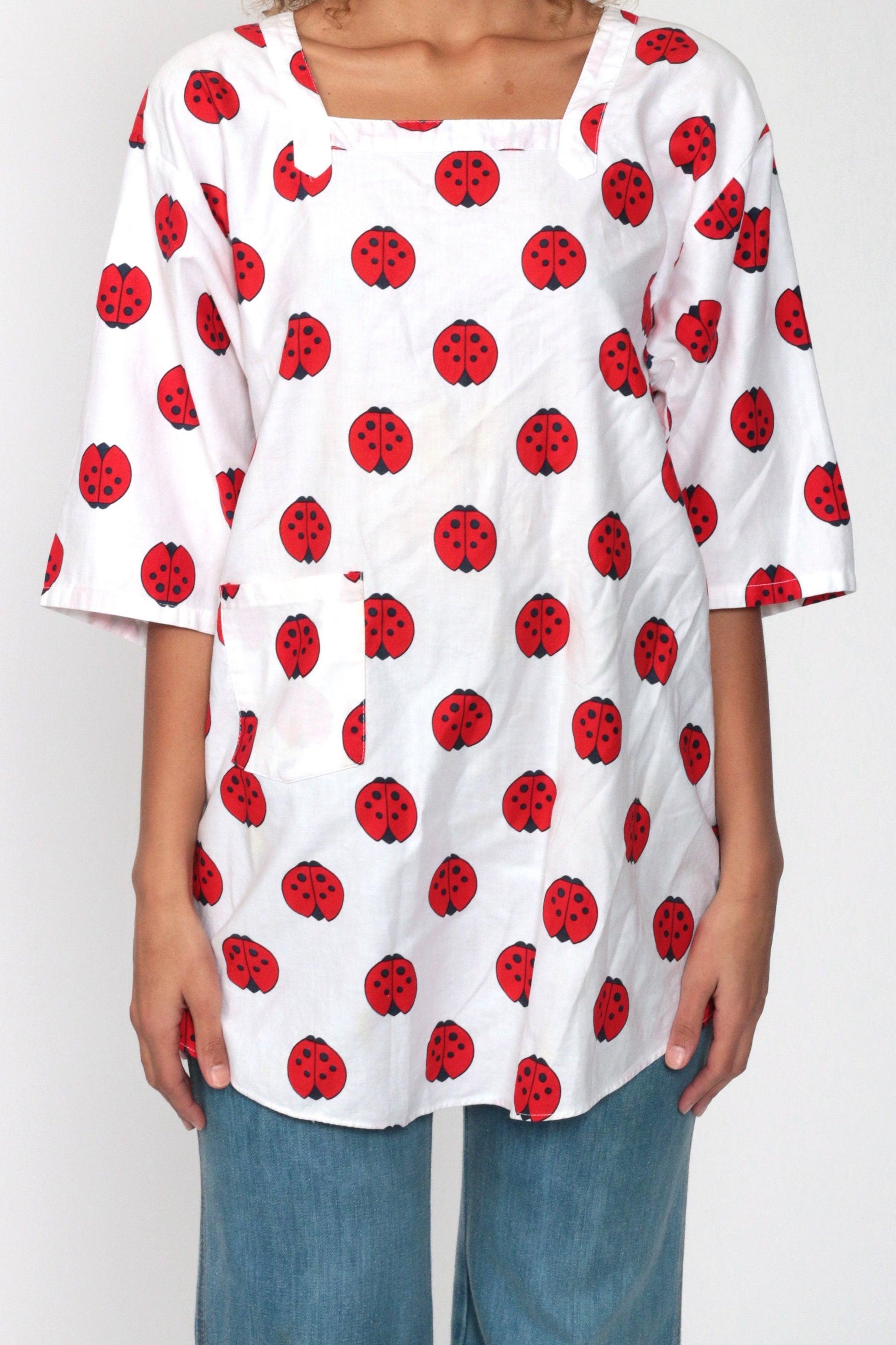 70s Ladybug Print Tunic Blouse Open Back 3/4 Sleeve Extra Small