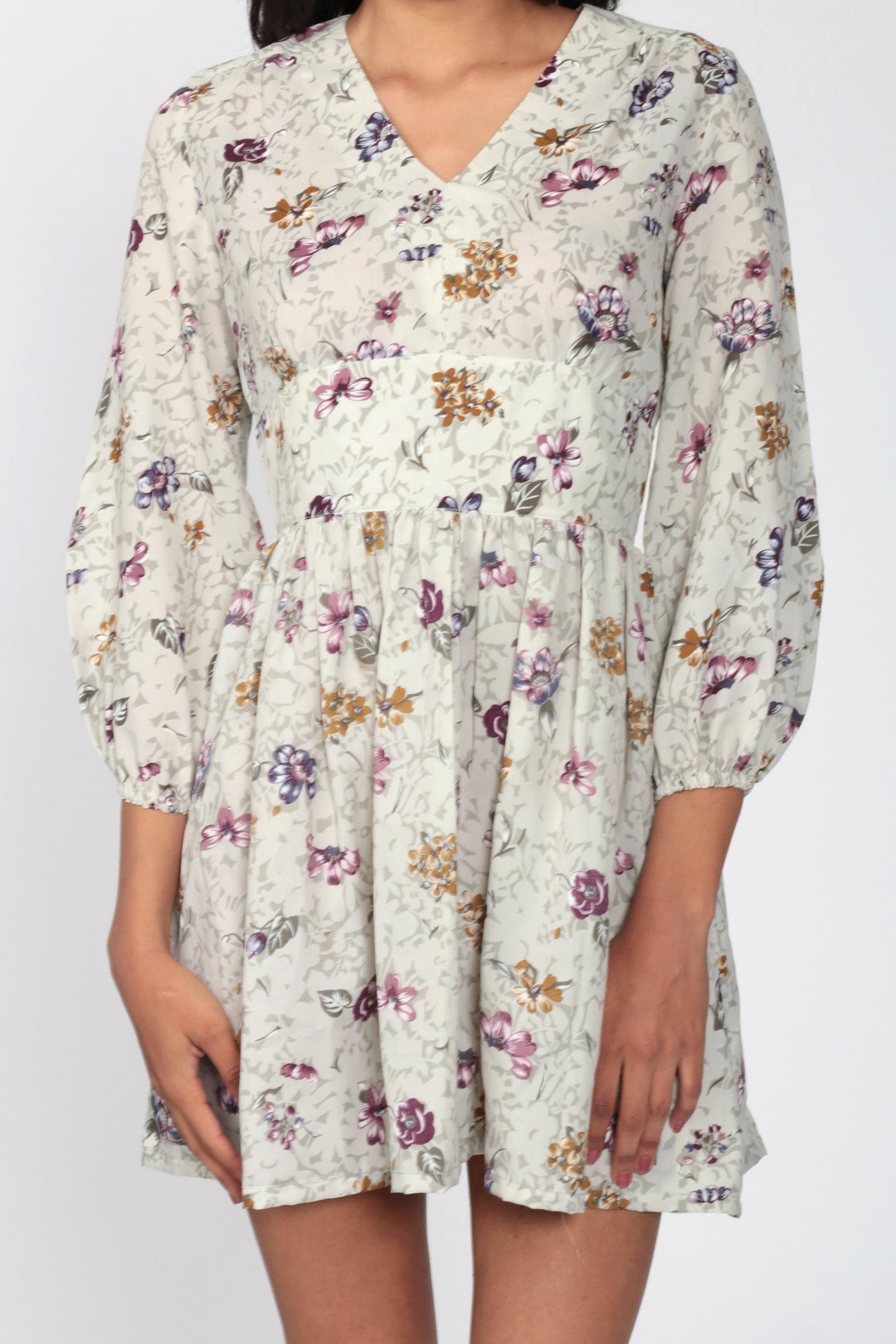 70s Floral Empire Waist Mini Dress Grey V-Neck Long Sleeve Small