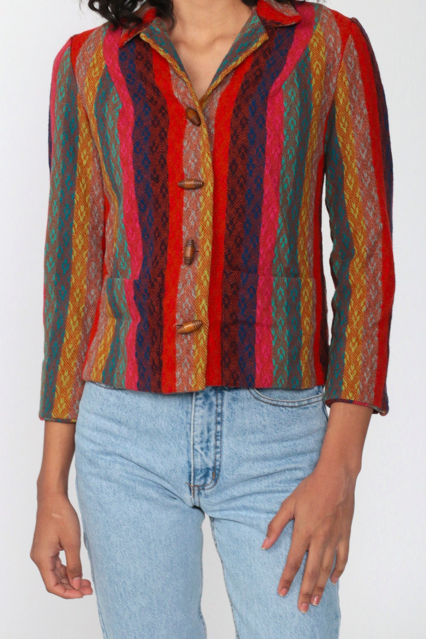 90s Striped Wool Blend Toggle Jacket Red Pink Blue Small