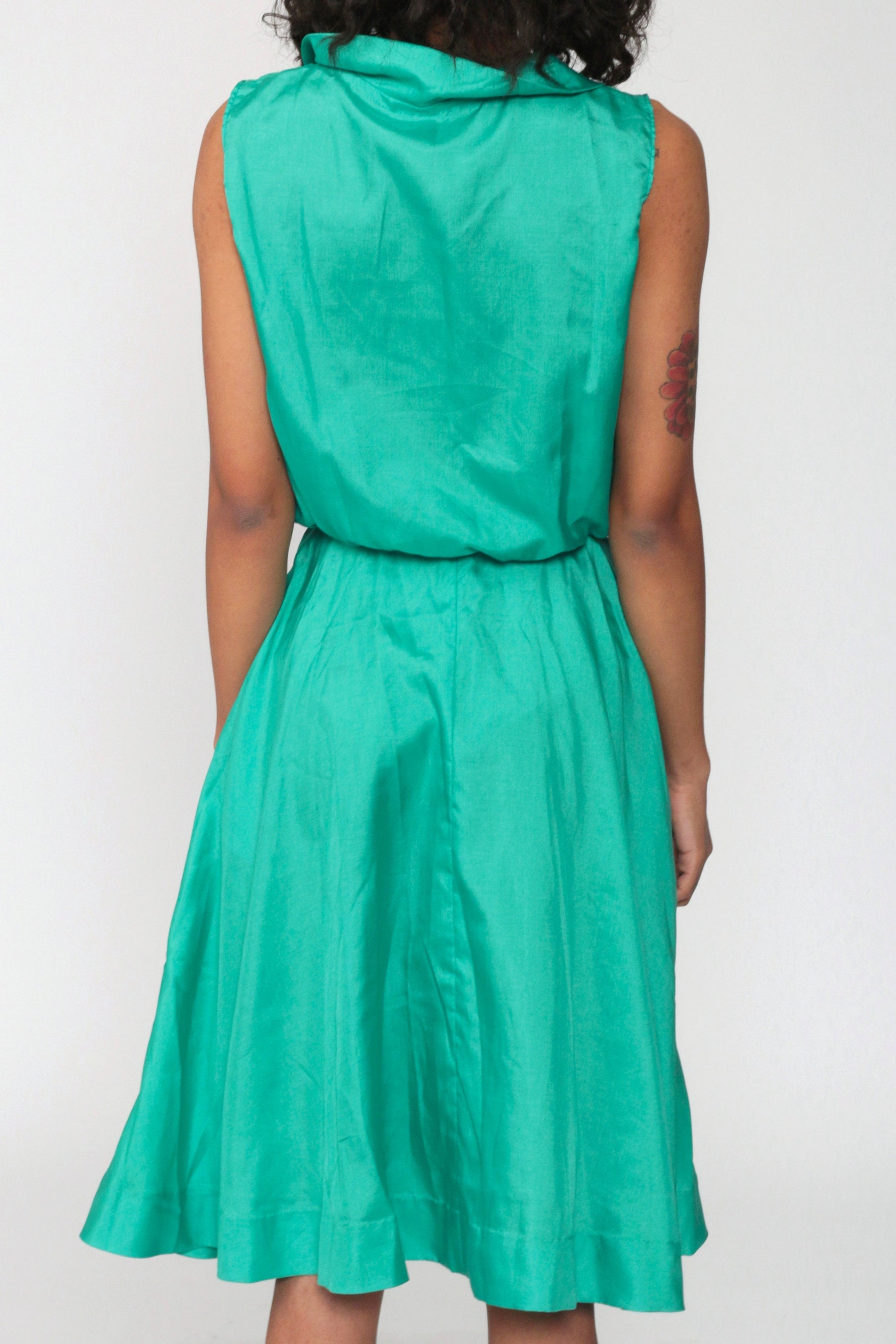70s Green Midi Dress Peter Pan Collar High Waist Button Front Extra Small