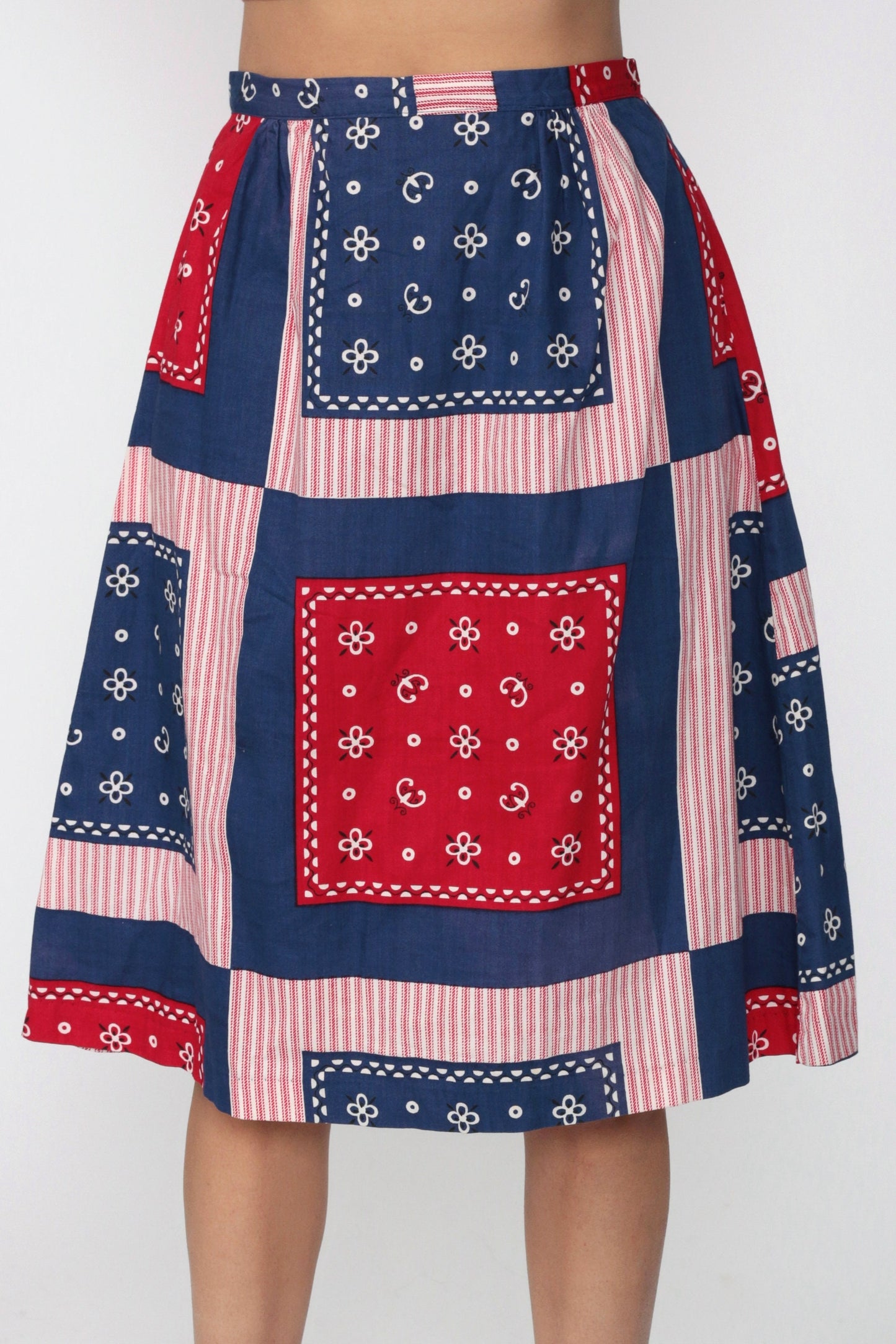 70s Scarf Print Midi Skirt High Waist Patchwork Red Blue Small