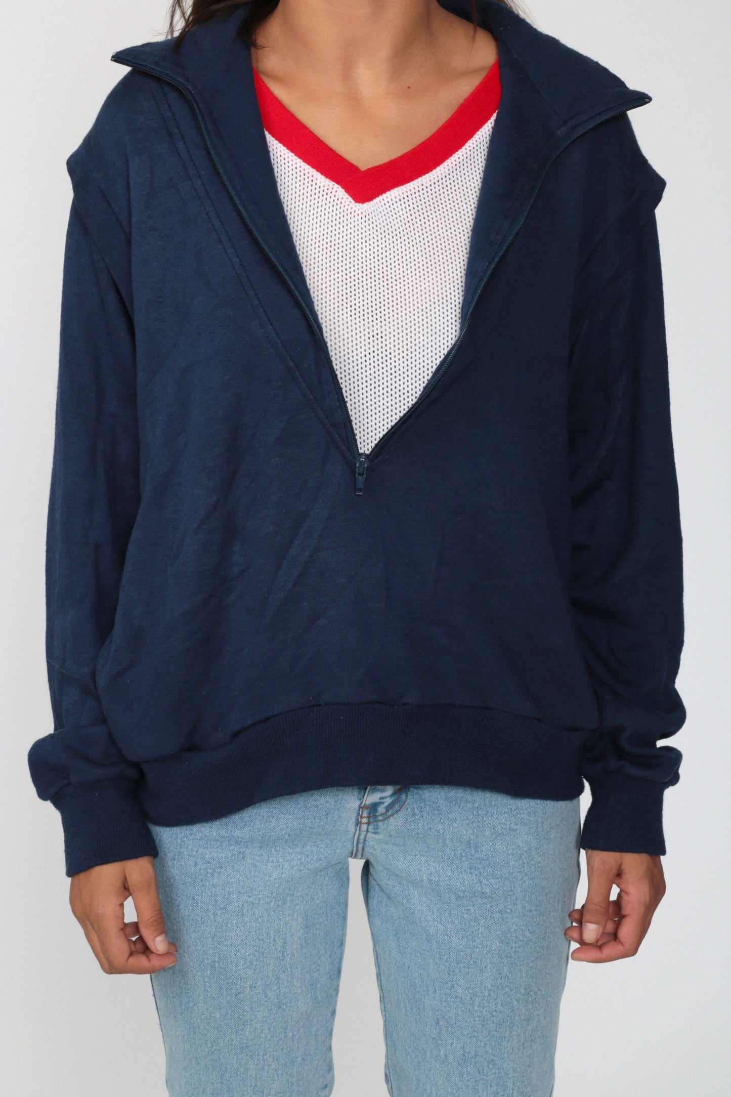 80s Half Zip Sweatshirt Attached Mesh Tank Navy Red White Ringer V-Neck Medium