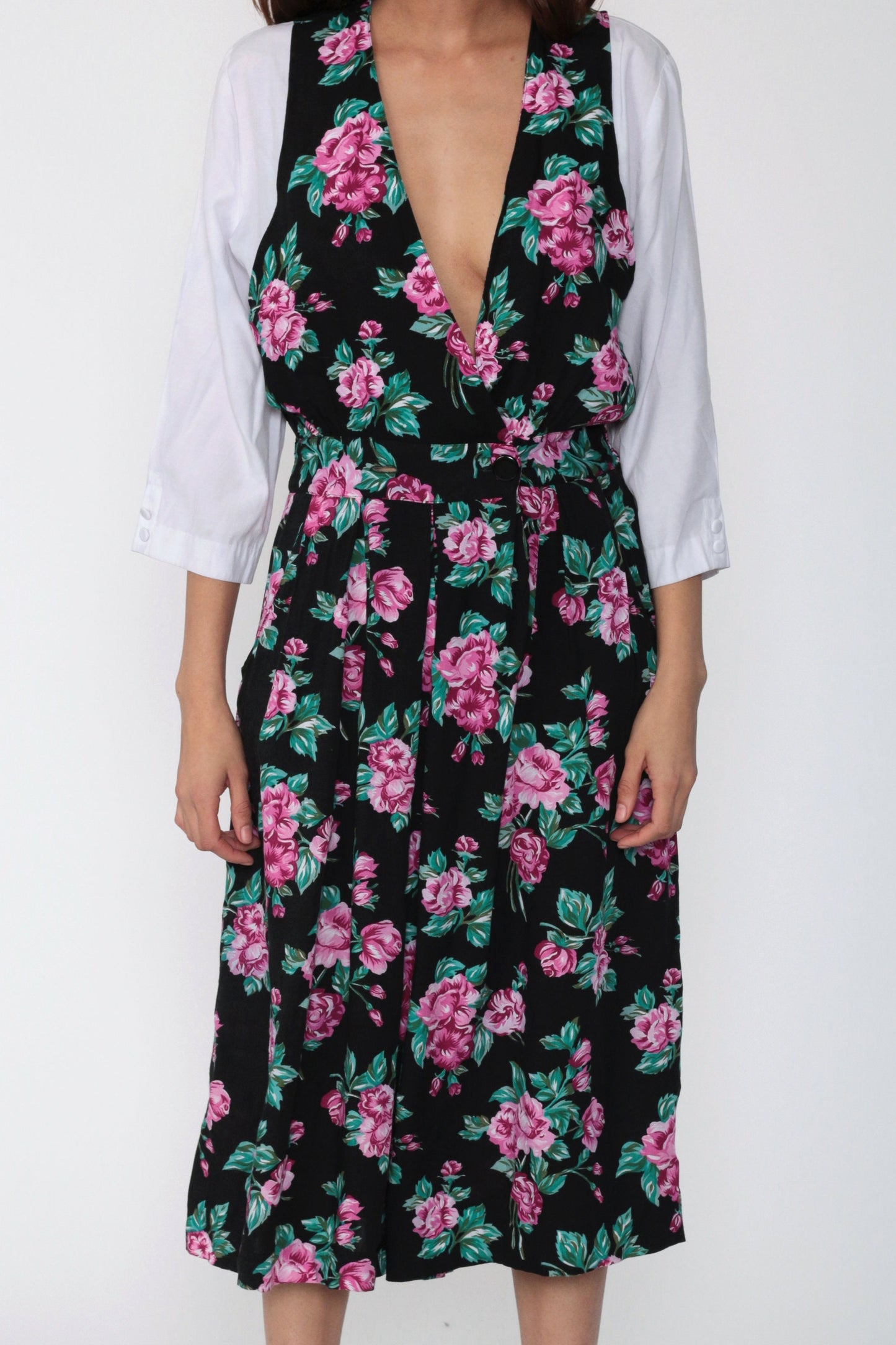 90s Floral Deep V Jumpsuit Wide Leg High Waist Black Small