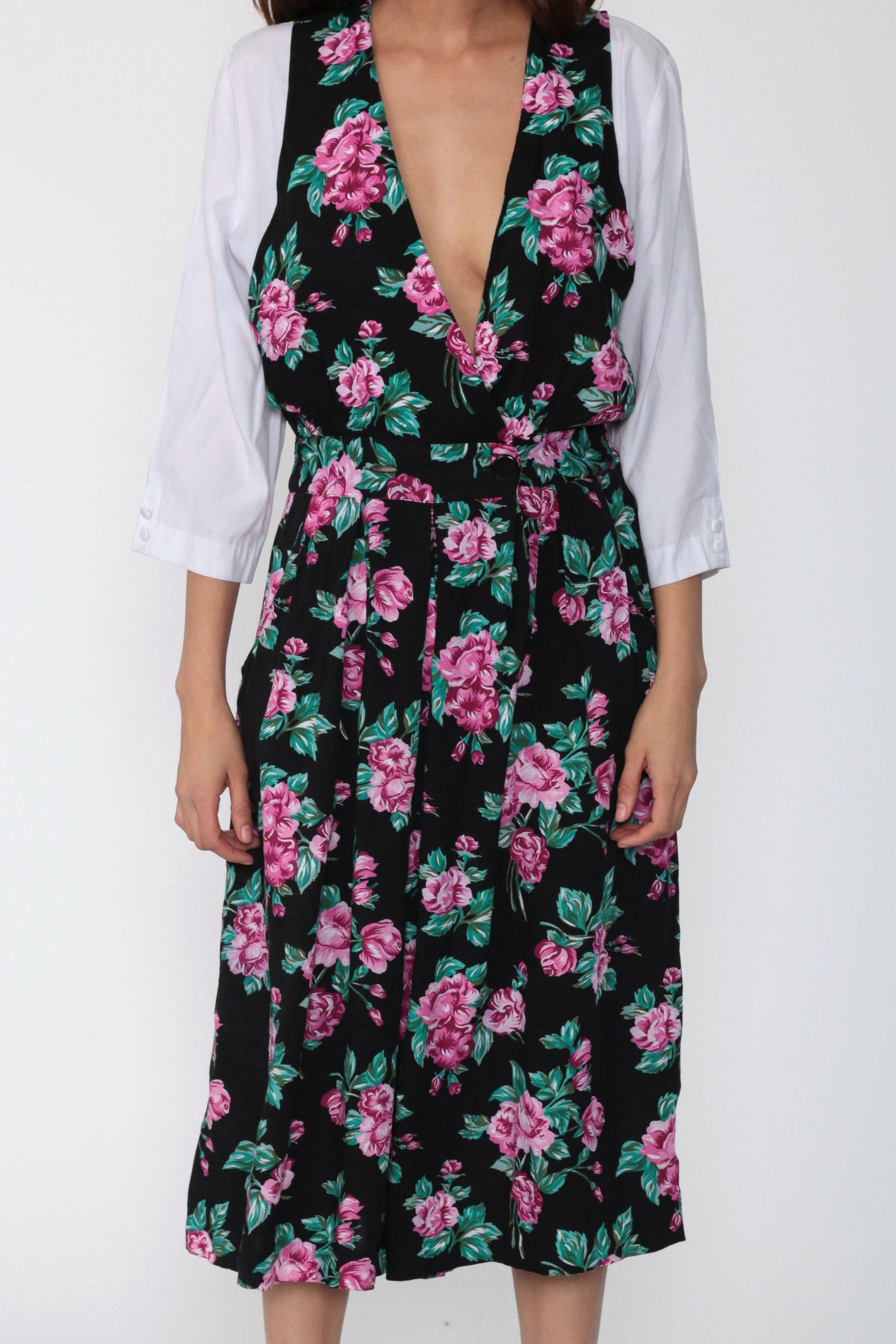 90s Floral Deep V Jumpsuit Wide Leg High Waist Black Small