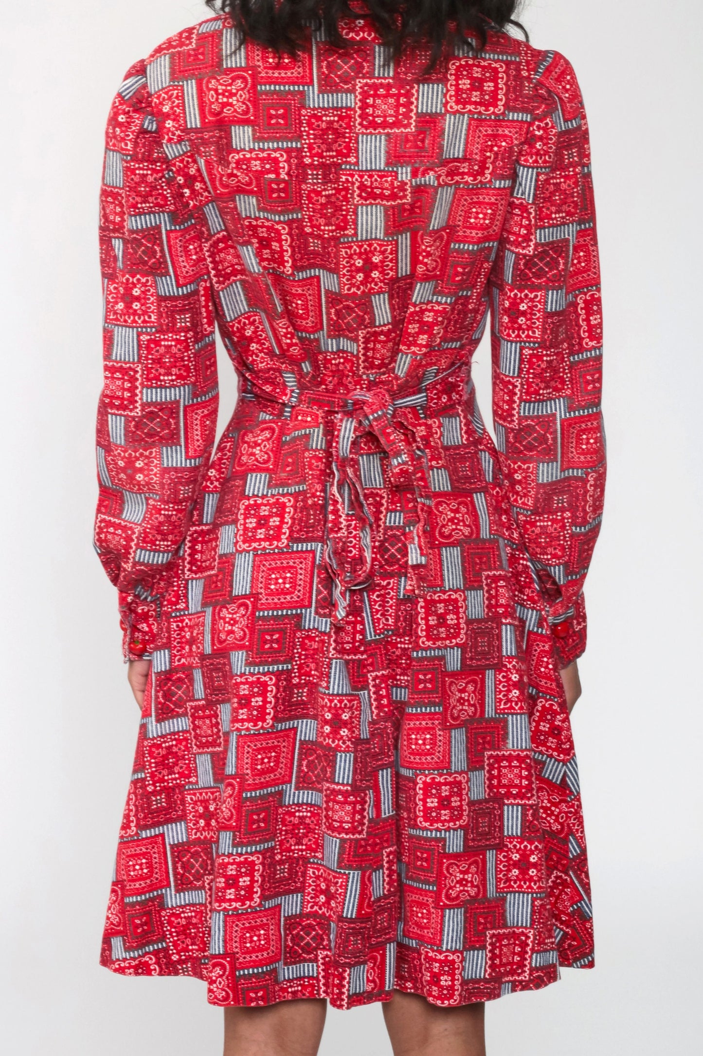 70s Bandana Print Mini Dress Cherry Buttons Puff Sleeves High Waist Red Medium