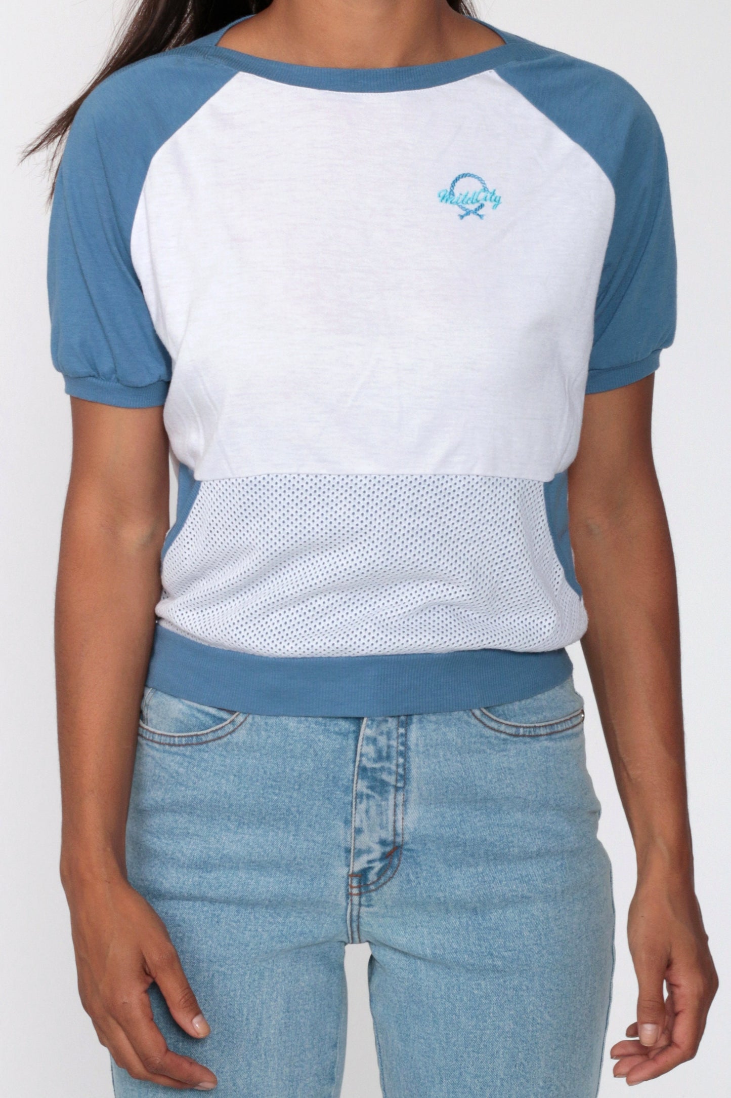 80s Mild City Raglan T-Shirt Mesh Pocket Blue White Small