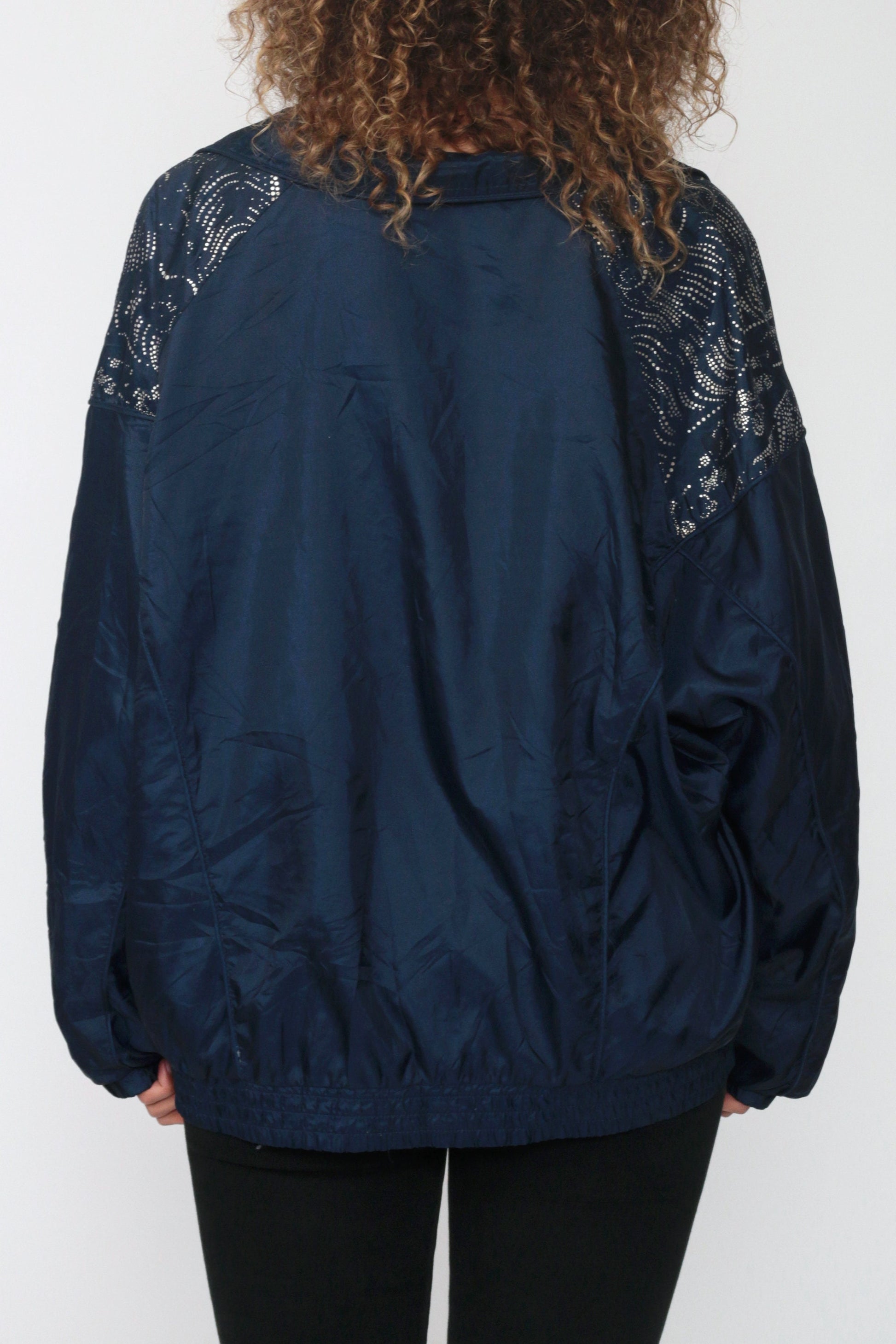 90s Shiny Blue Nylon Windbreaker Jacket Metallic Trim Plus Size XXL