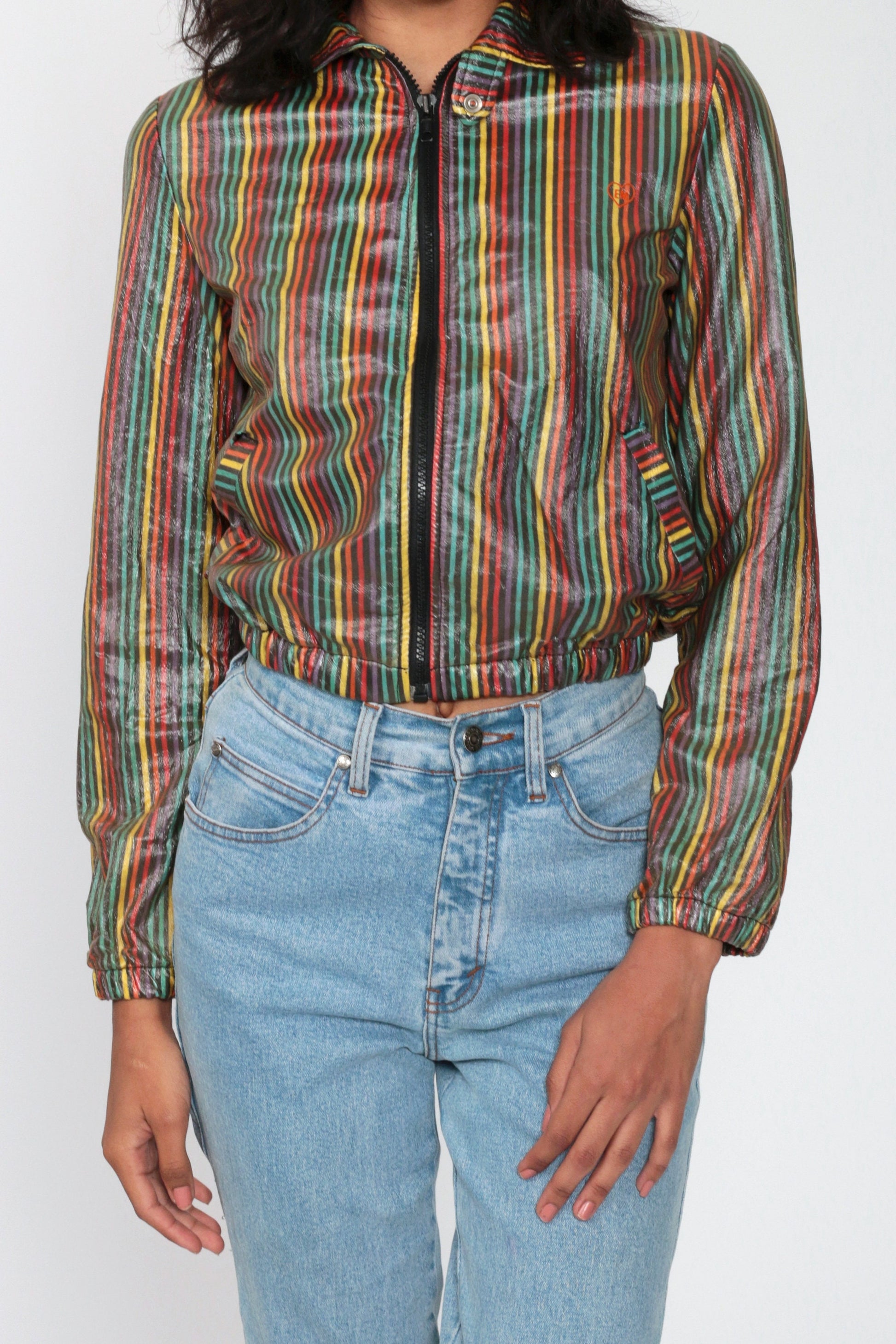 90s Rainbow Striped Cropped Windbreaker Jacket Black Zip-Up Extra Small XS