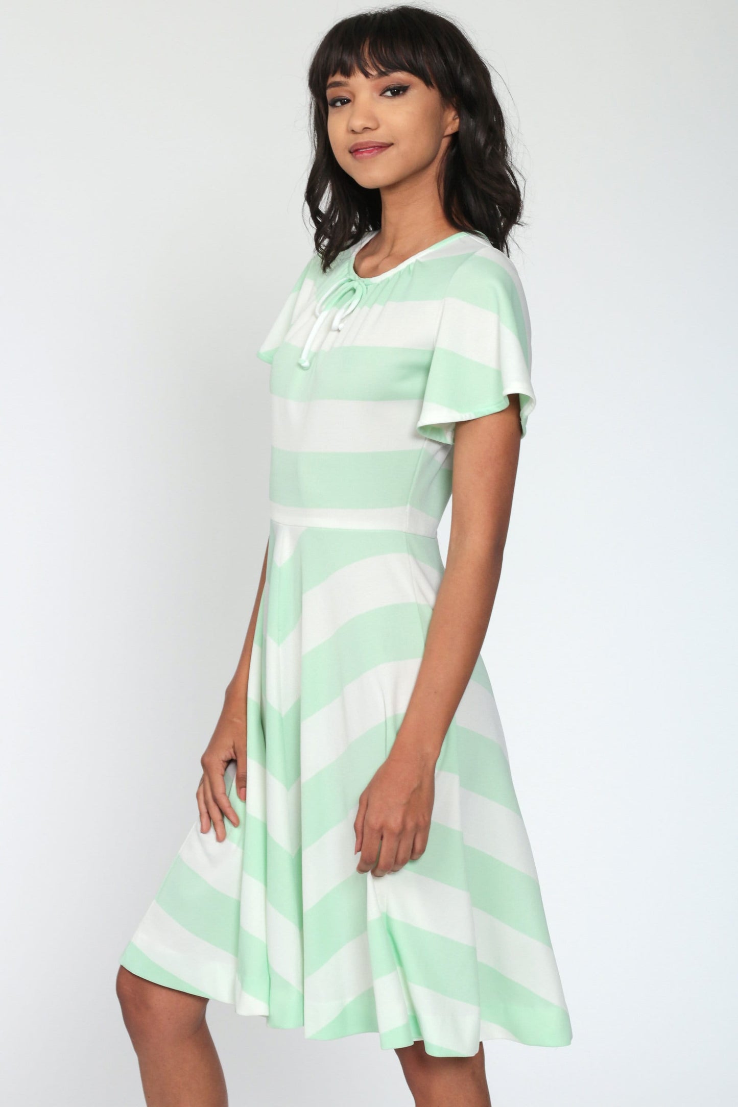 70s Chevron Stripe Midi Dress Green White Flutter Sleeve High Waist Extra Small