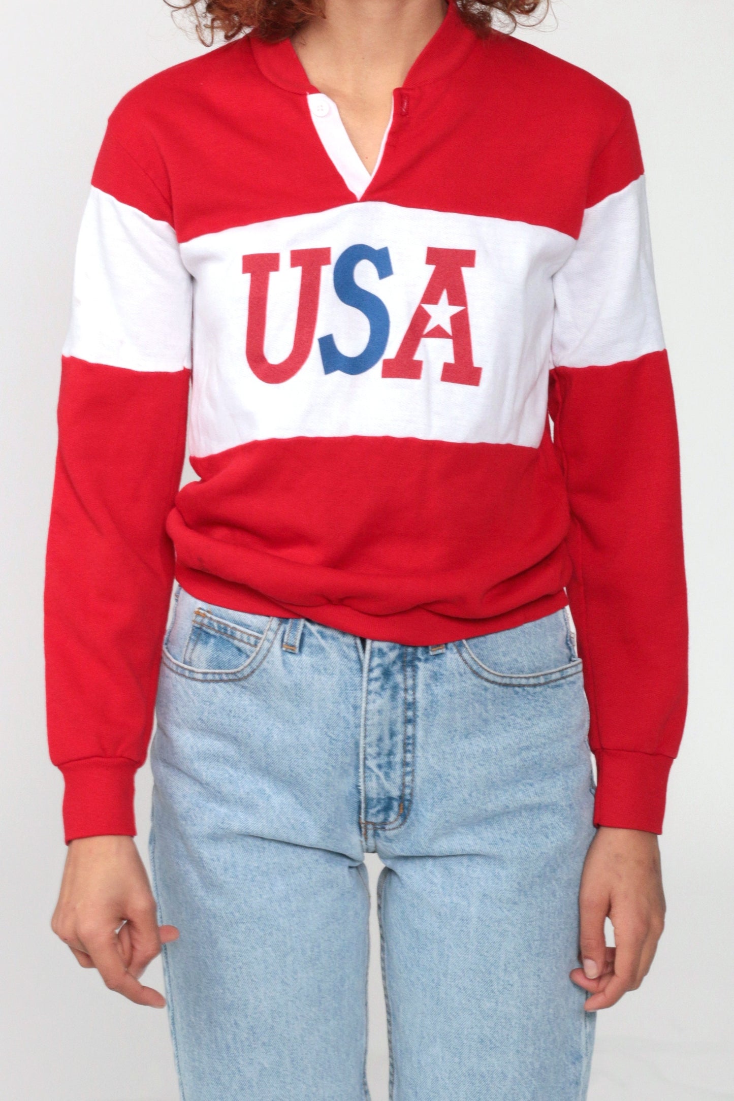 80s USA Patriotic Graphic Sweatshirt Red Polo Buttons Extra Small