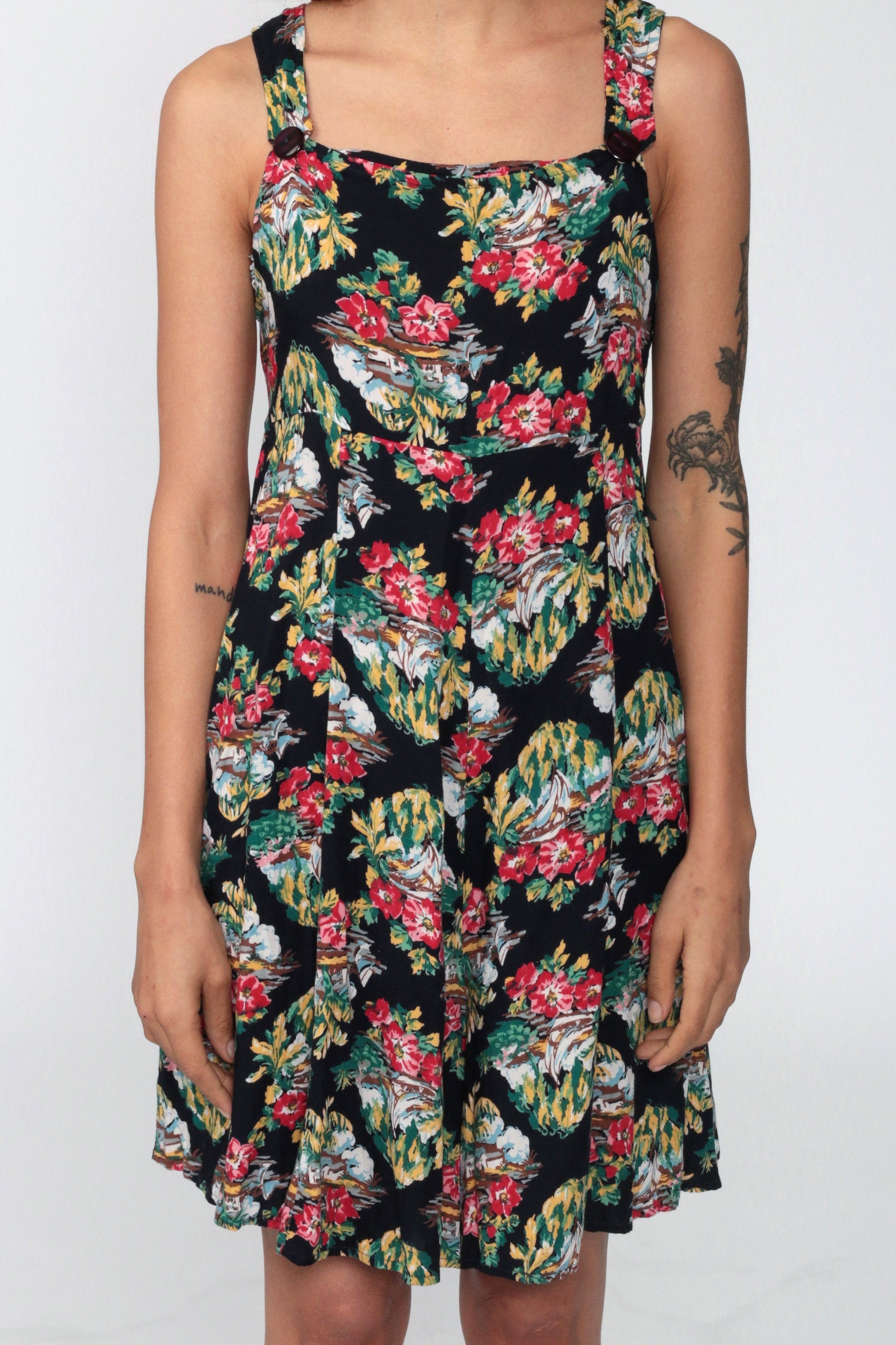 90s Tropical Floral Black Romper Sleeveless Wide Leg Playsuit Extra Small