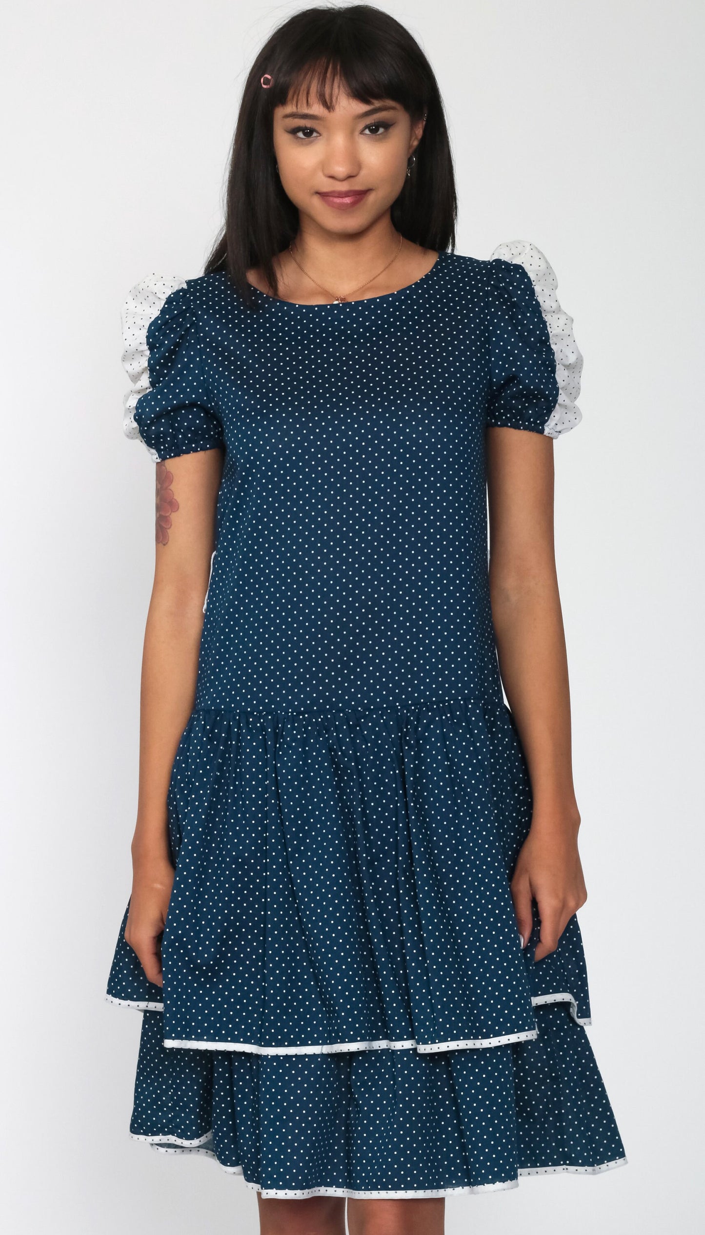 80s Blue Polka Dot Puff Sleeve Minidress Drop Waist Ruffled Small