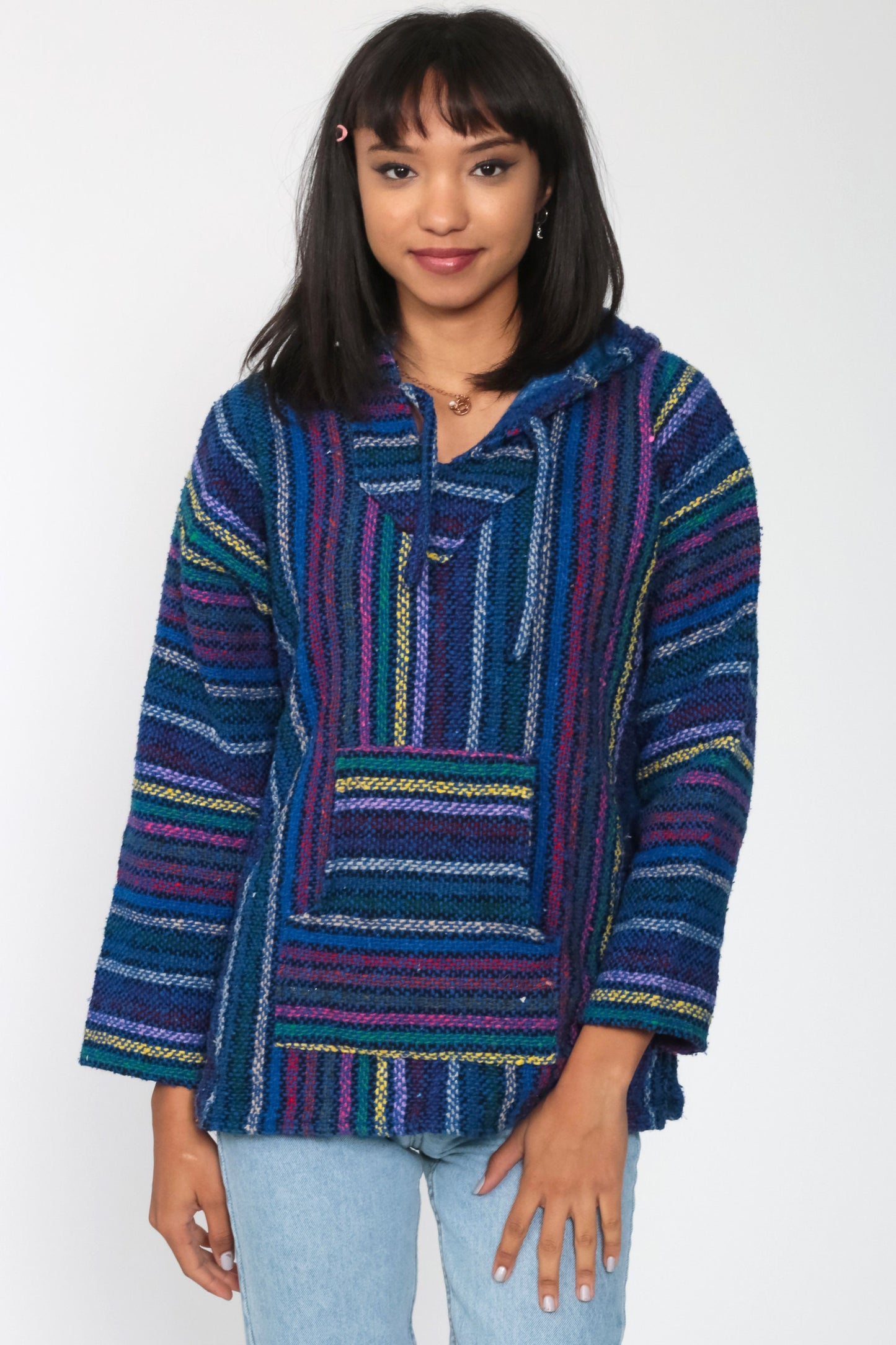90s Neon Rainbow Mexican Drug Rug Baja Hoodie Blue Kangaroo Pocket Medium