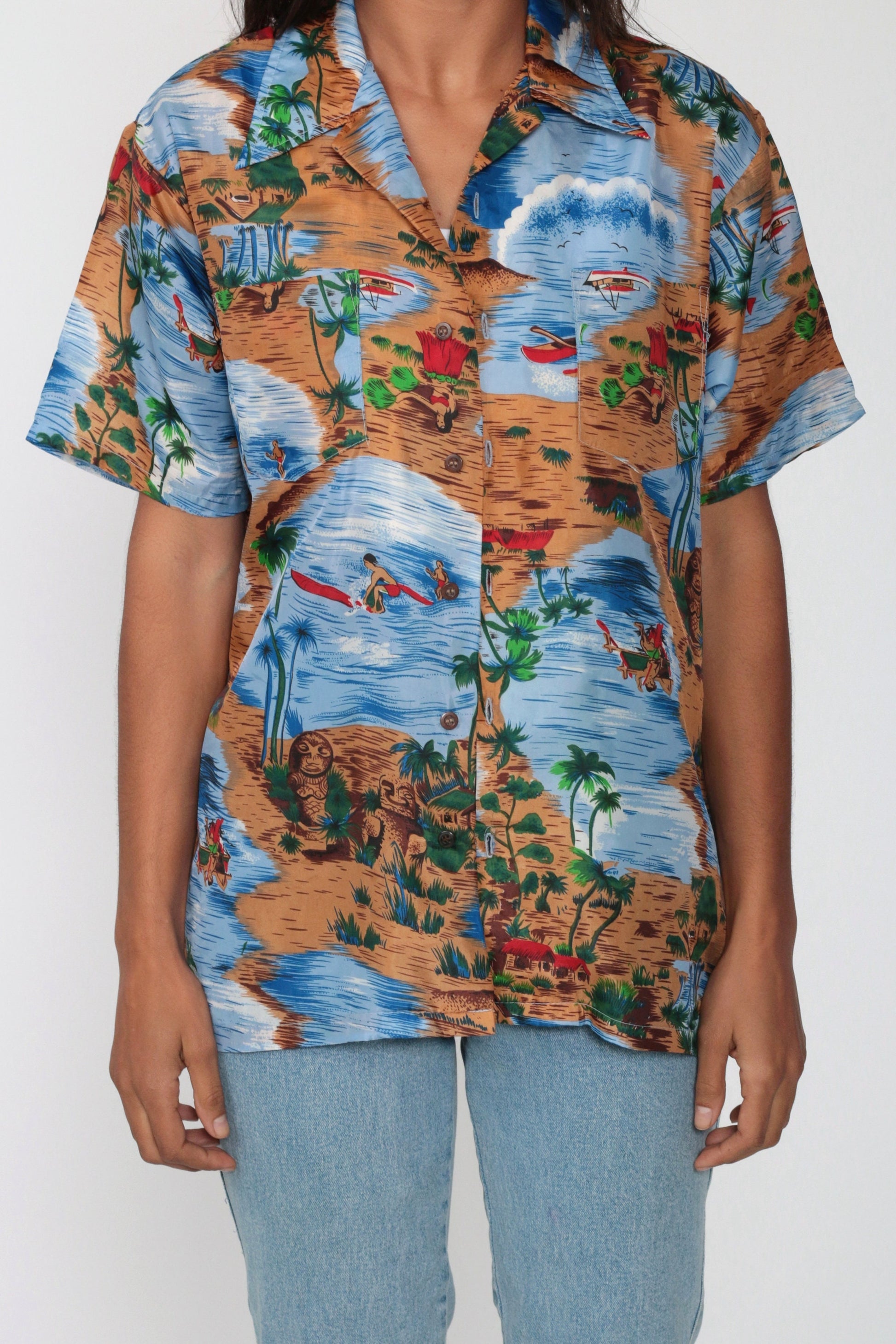 90s Hawaiian Shirt Surfer Ocean Print Button Up Sea Blue Medium