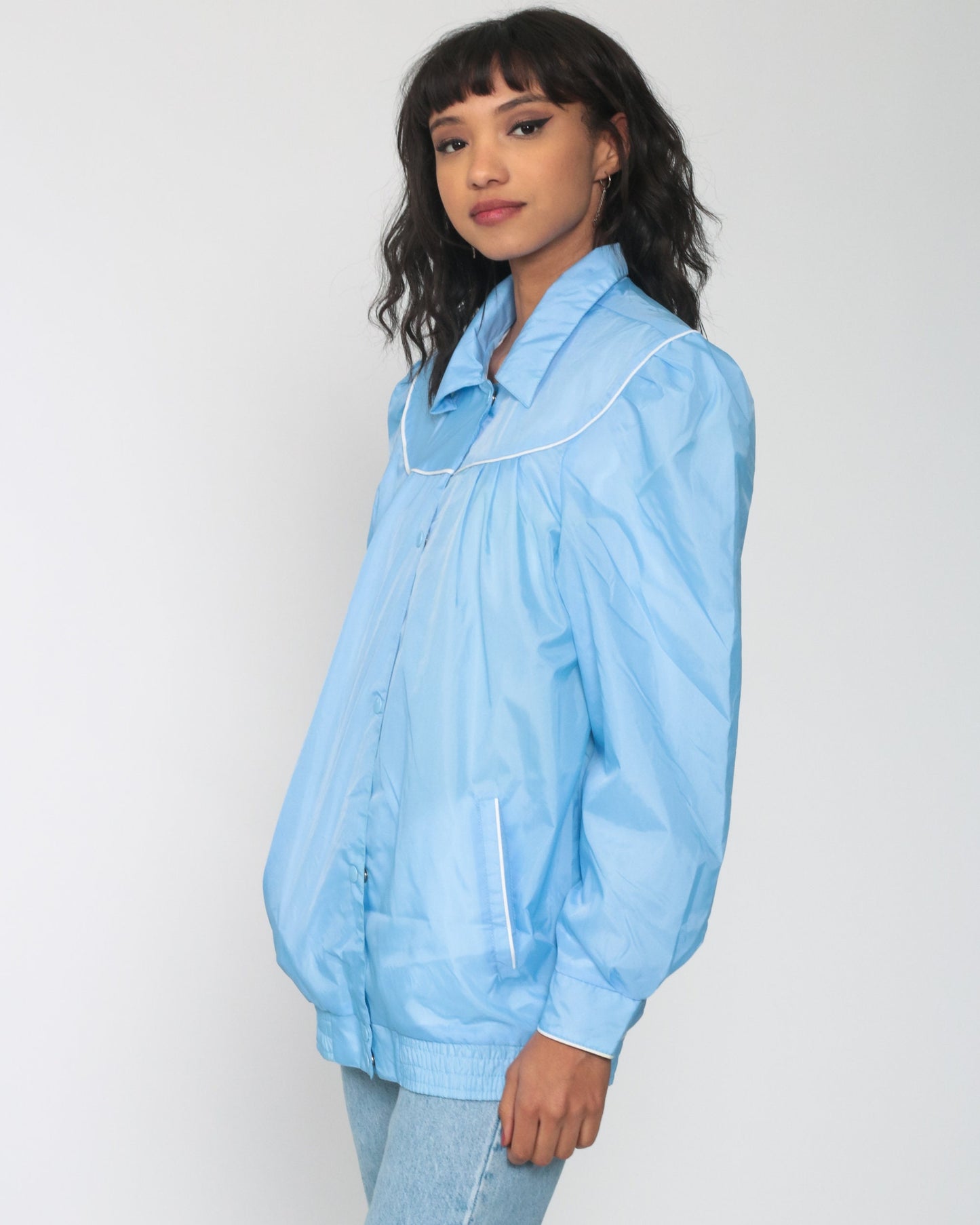 80s Blue Windbreaker Jacket Puff Sleeve Bomber Medium