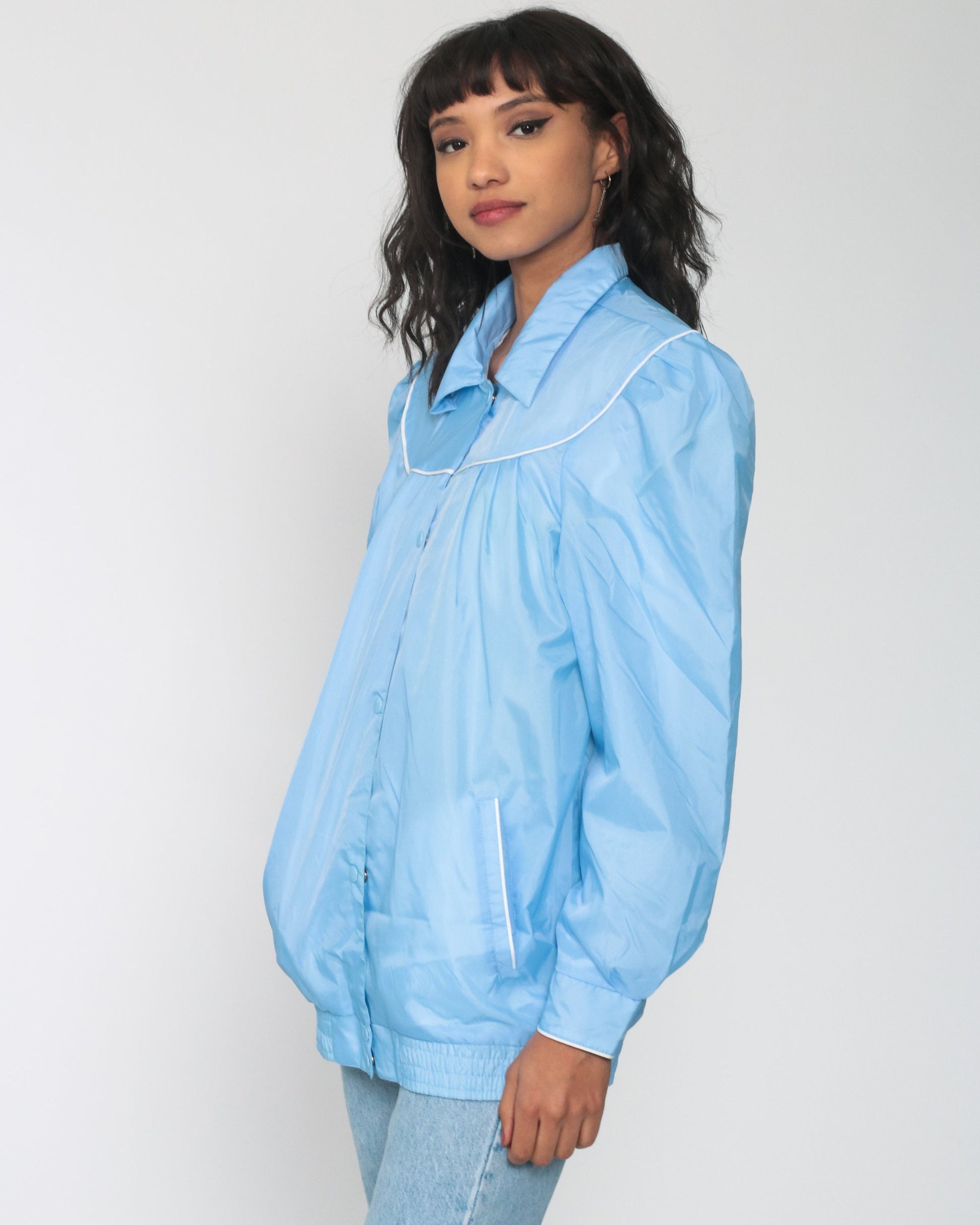 80s Blue Windbreaker Jacket Puff Sleeve Bomber Medium