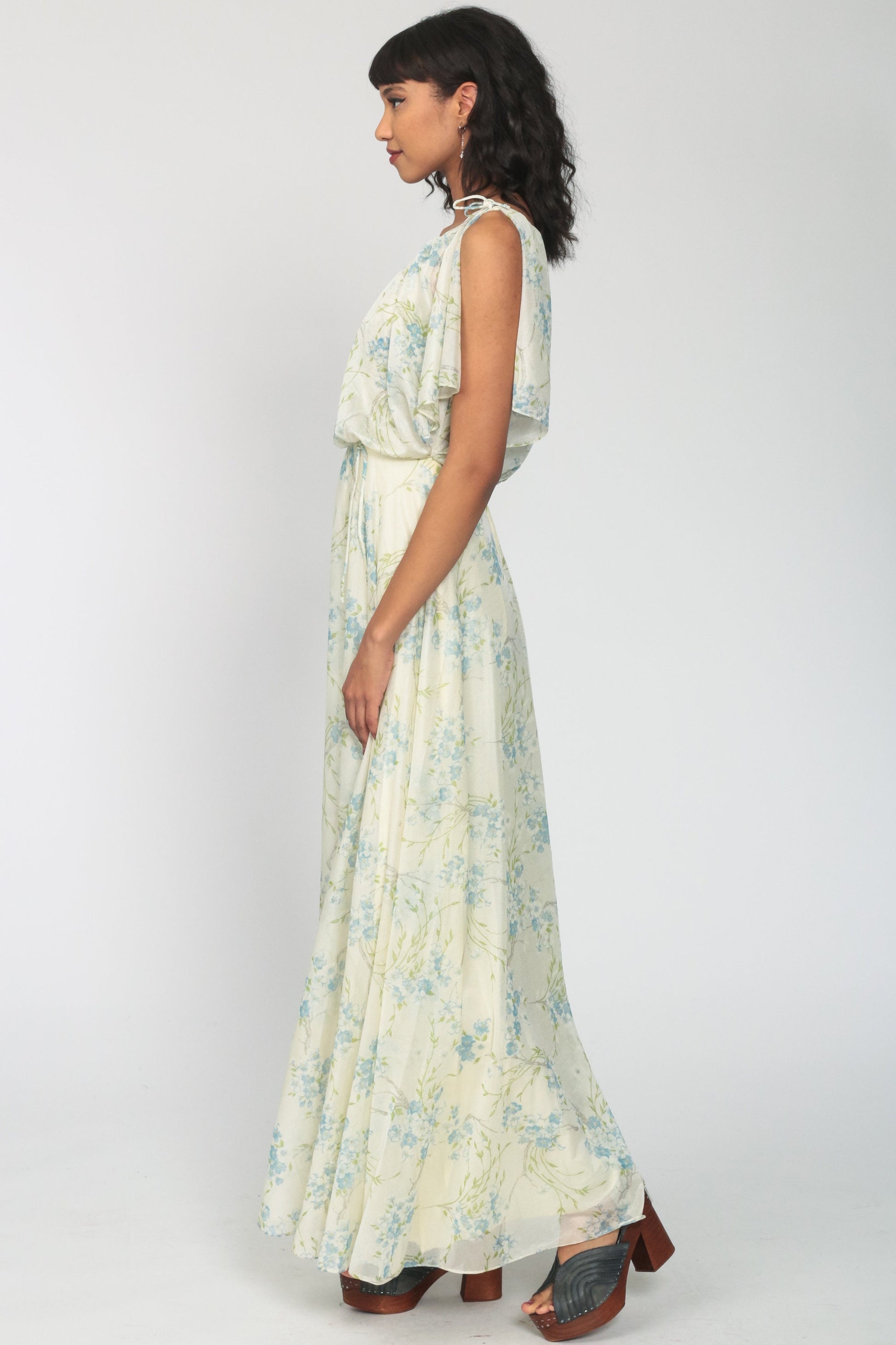 70s Cream Floral Maxi Dress Blouson Bodice Split Sleeves Extra Small