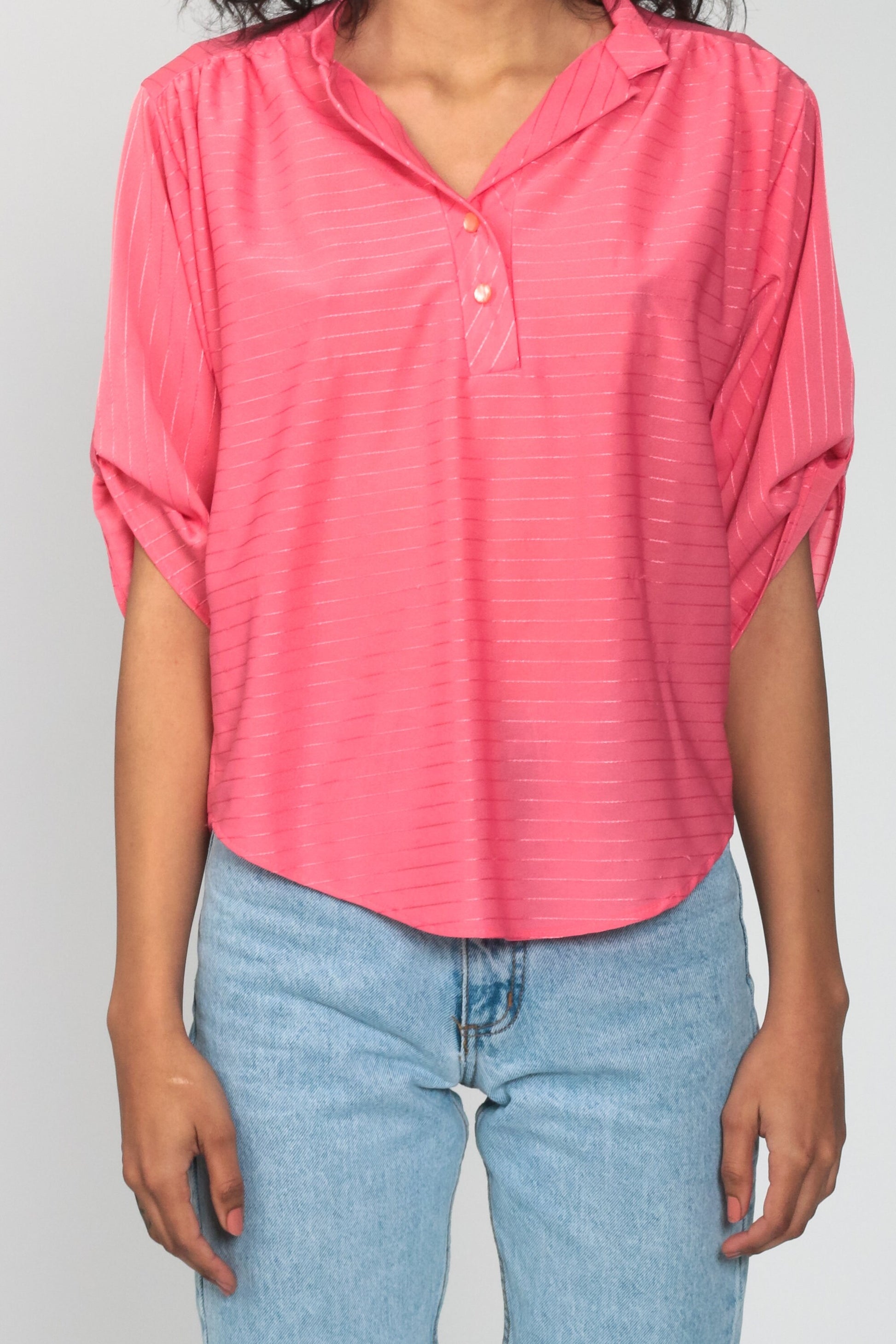 80s Pink Striped Button-Up Blouse Short Sleeve Collar Shirt Medium