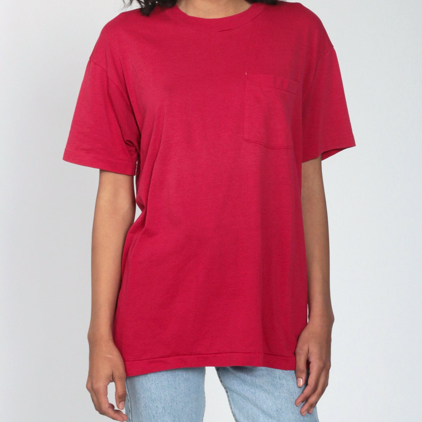 80s Deep Pink Single Stitch T-Shirt Pocket Tee Cotton Blend Large