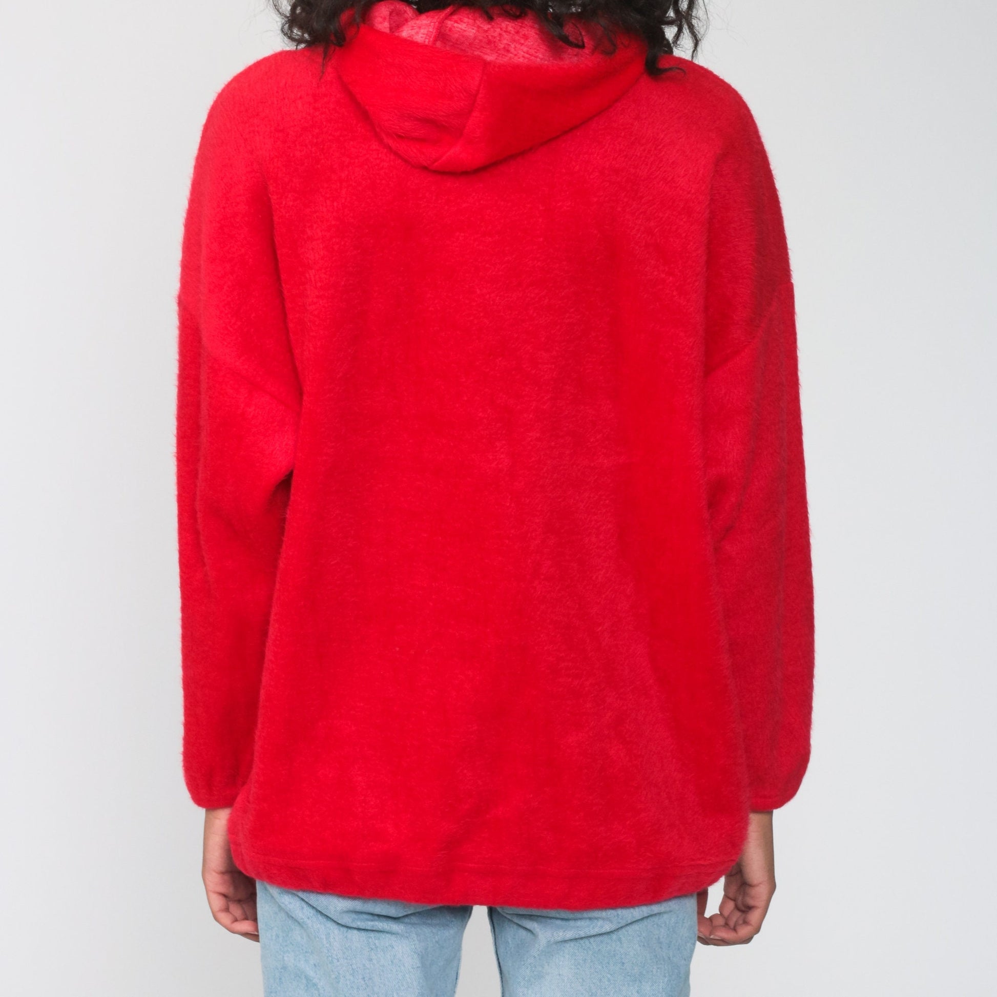 80s Red Fleece Hoodie Pullover Sweatshirt Medium