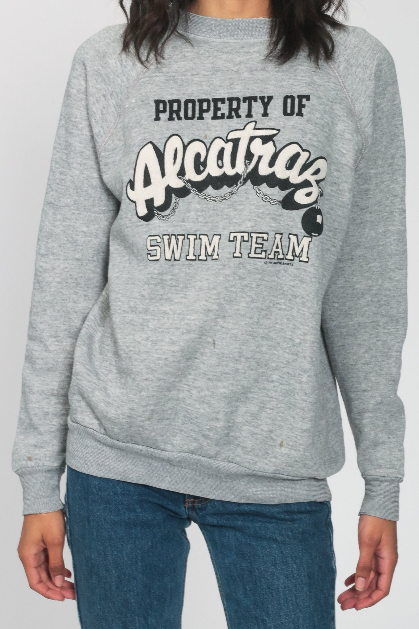 80s Alcatraz Swim Team Graphic Sweatshirt Raglan Jumper Large