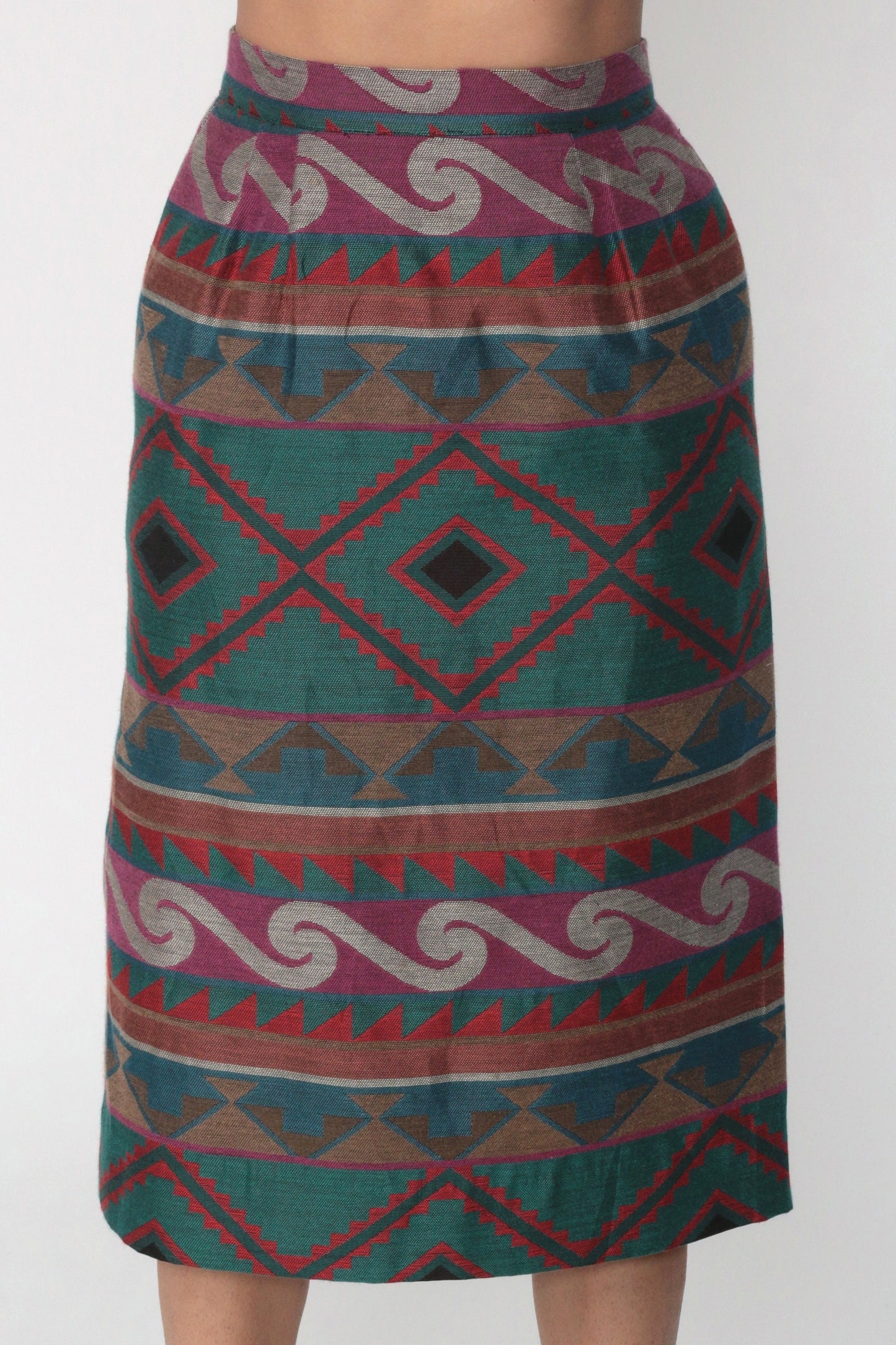 80s Tapestry Geometric High-Waist Knee Skirt Pencil Wiggle Extra Small XS