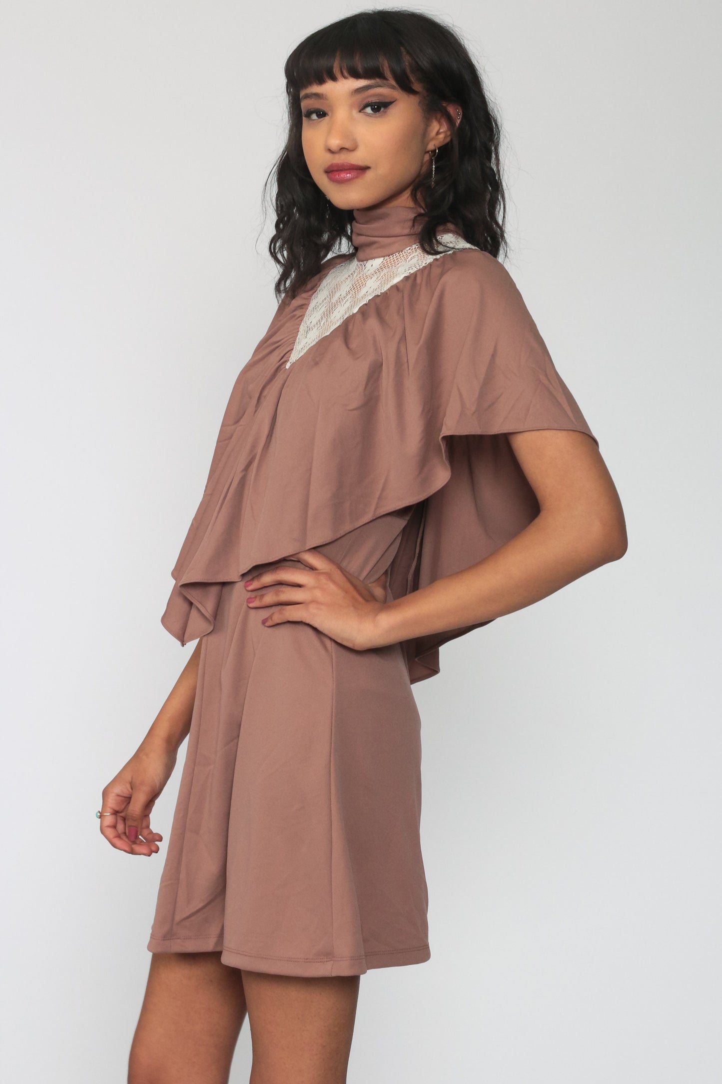 70s Lace Mini Dress with Draped Capelet Mocha High Neck Small