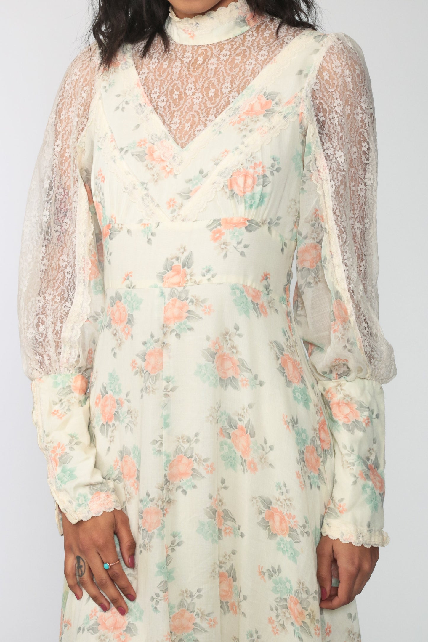70s Gunne Sax Floral Maxi Dress Lace Sleeves Empire Waist Cream Small