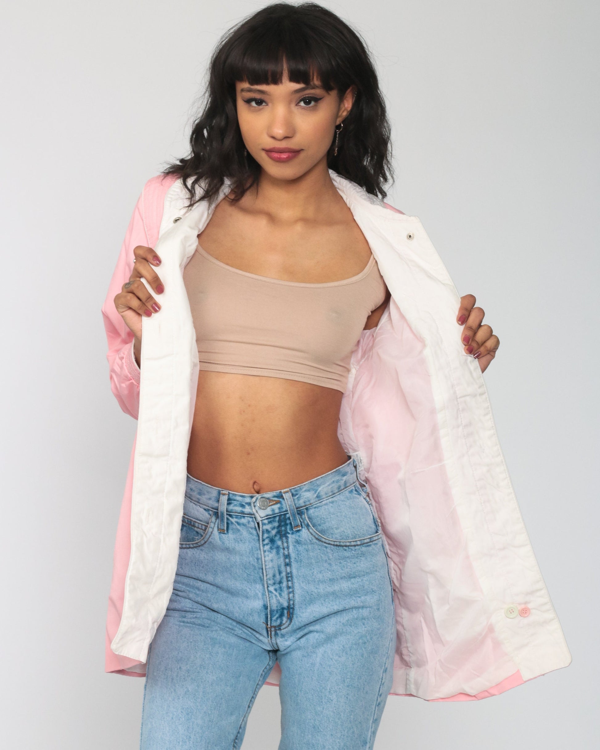 80s Baby Pink Hooded Windbreaker Jacket Belted Cotton Small