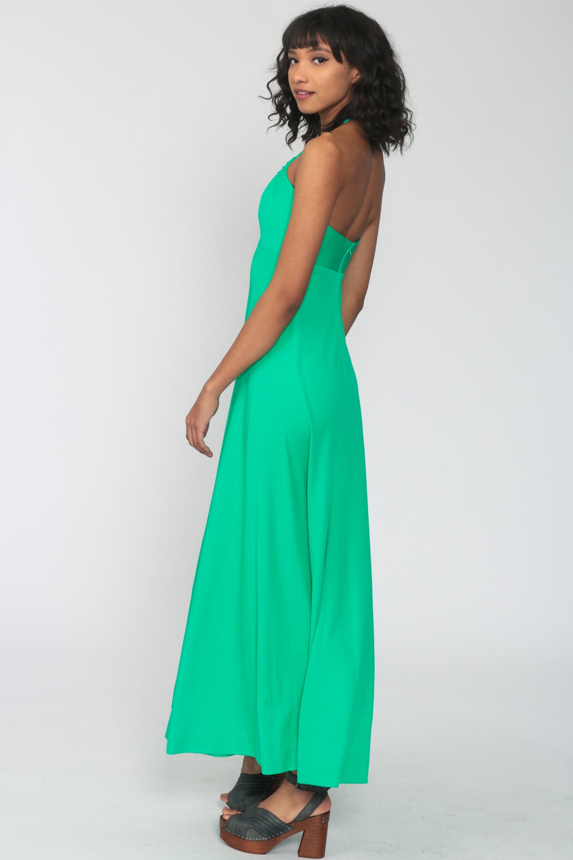 70s Bright Green Halter Jumpsuit Wide Leg High Waist Extra Small