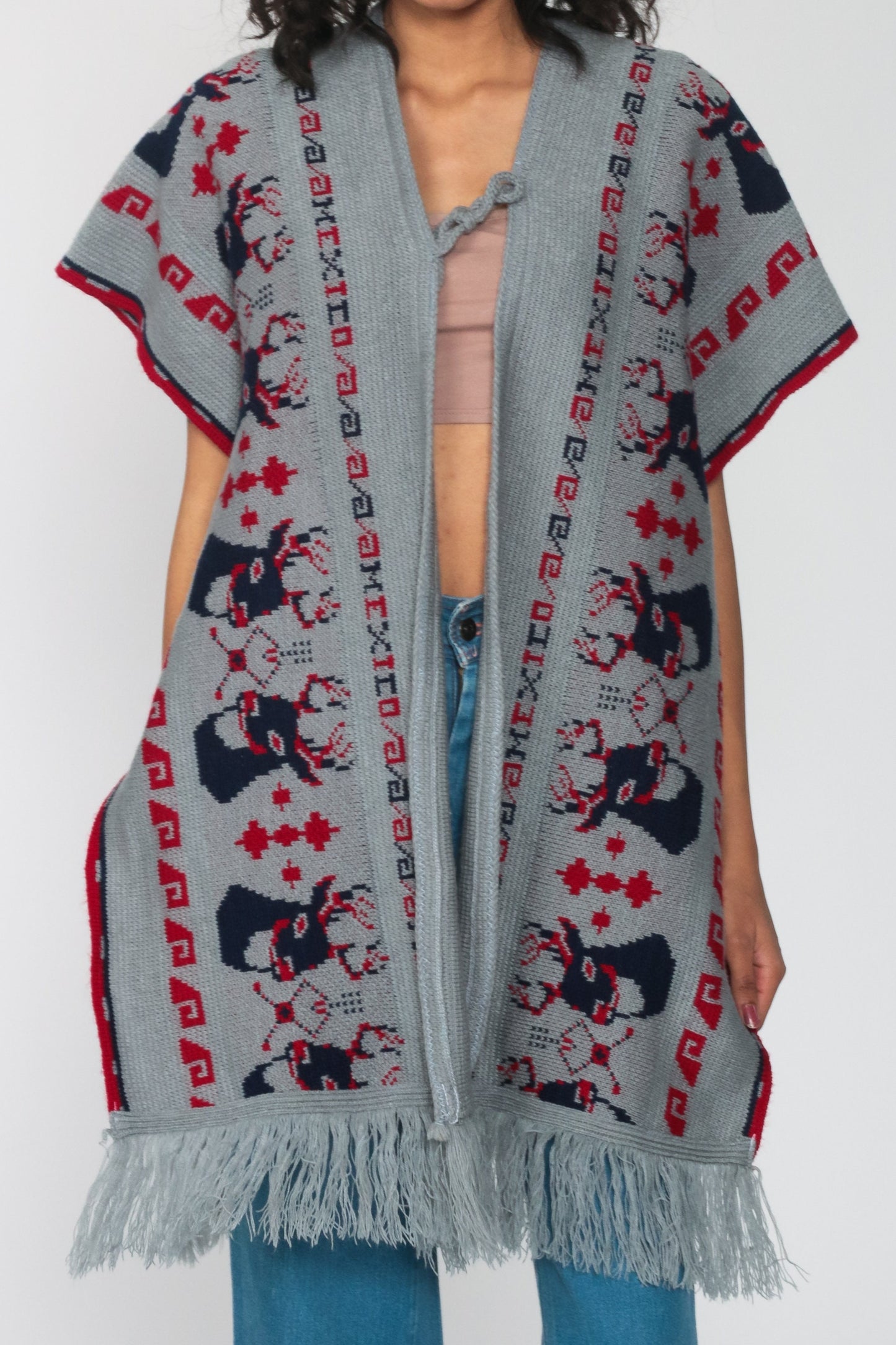 70s Deer Knit Poncho Shawl Fringe Cape Grey One Size