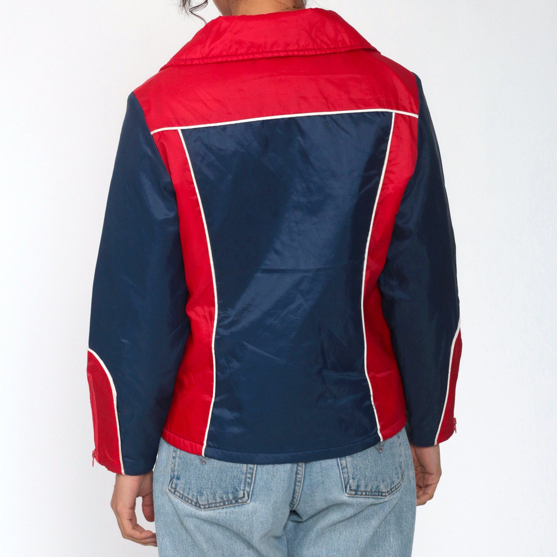 70s Puffer Ski Jacket Blue Red Striped Nylon Puffy Coat Extra Small
