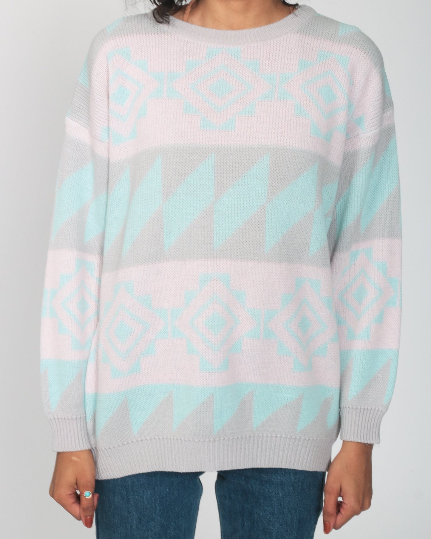 80s Southwestern Tribal Sweater Pastel Pink Geometric Knit Medium