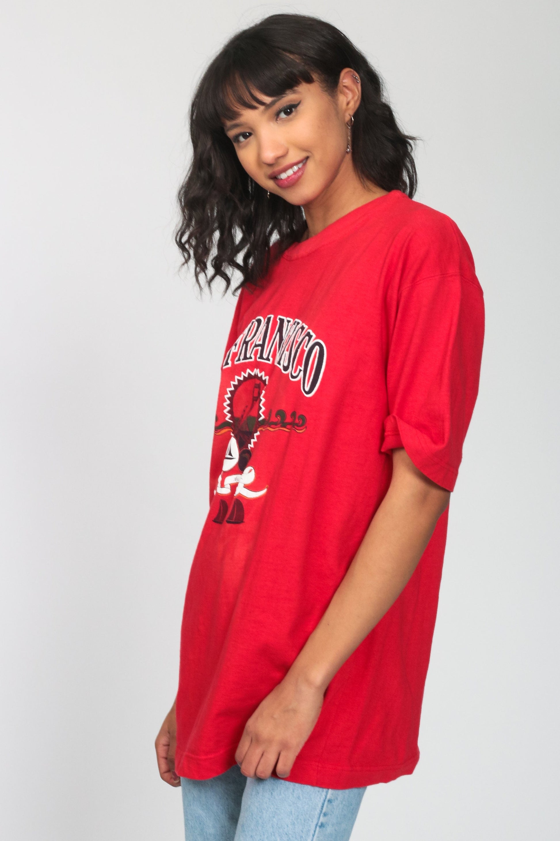 90s San Francisco Golden Gate Bridge Graphic Tee Red Sailboat Cotton Large