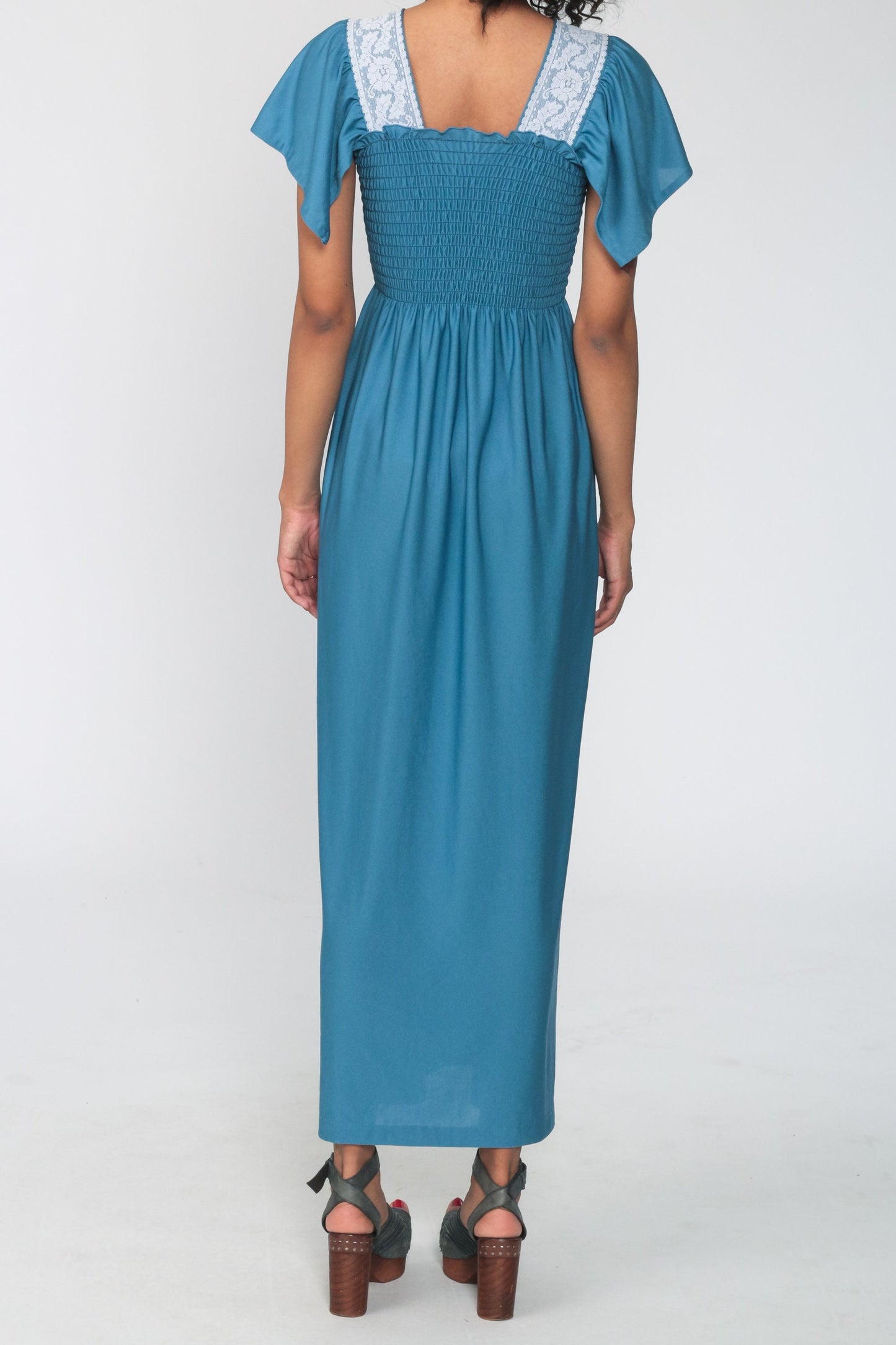 70s Blue Maxi Dress Smocked Bodice Flutter Sleeve Lace Trim Extra Small