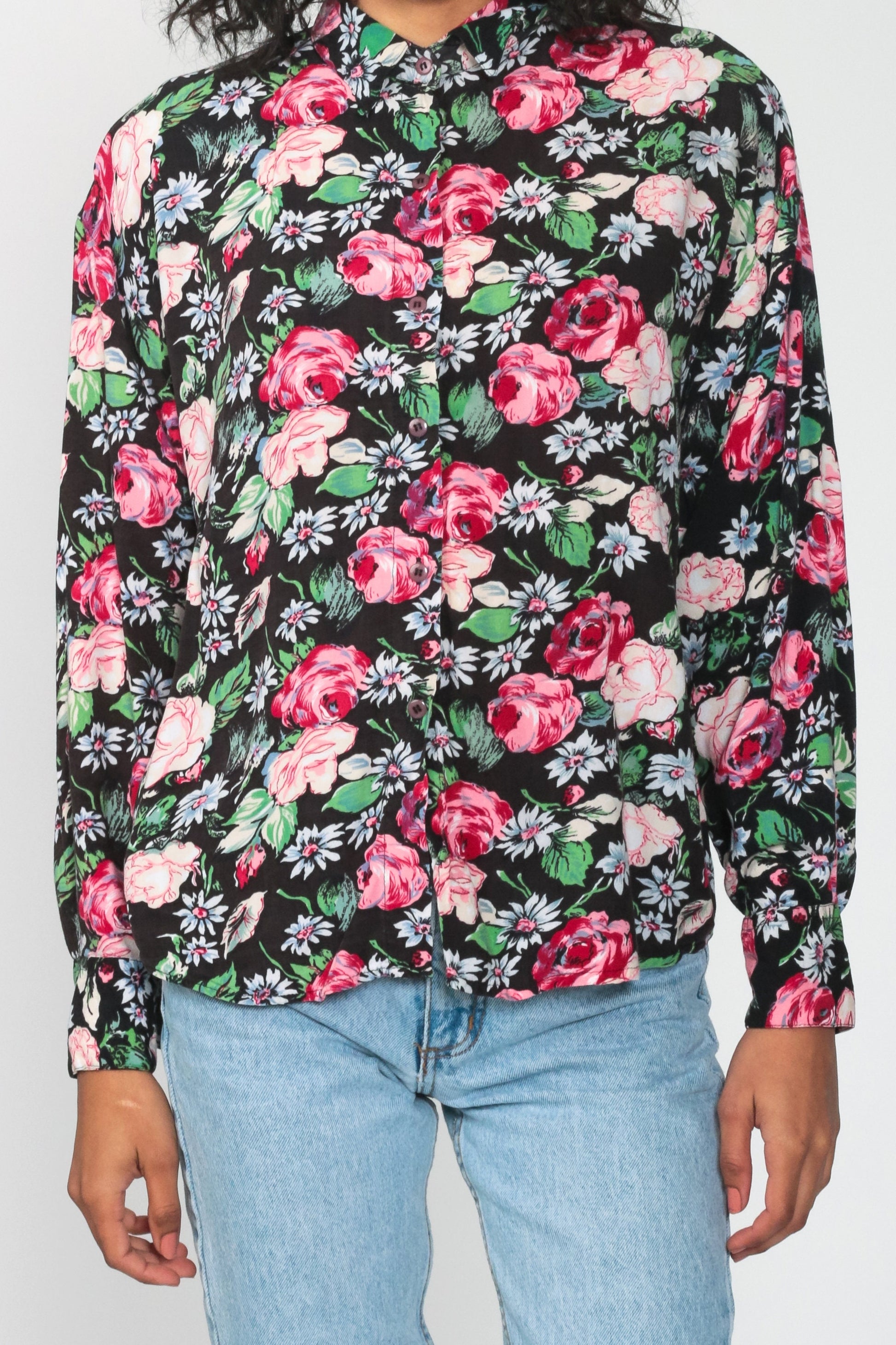 80s Floral Button Up Shirt Black Pink Print Long Sleeve Blouse Large