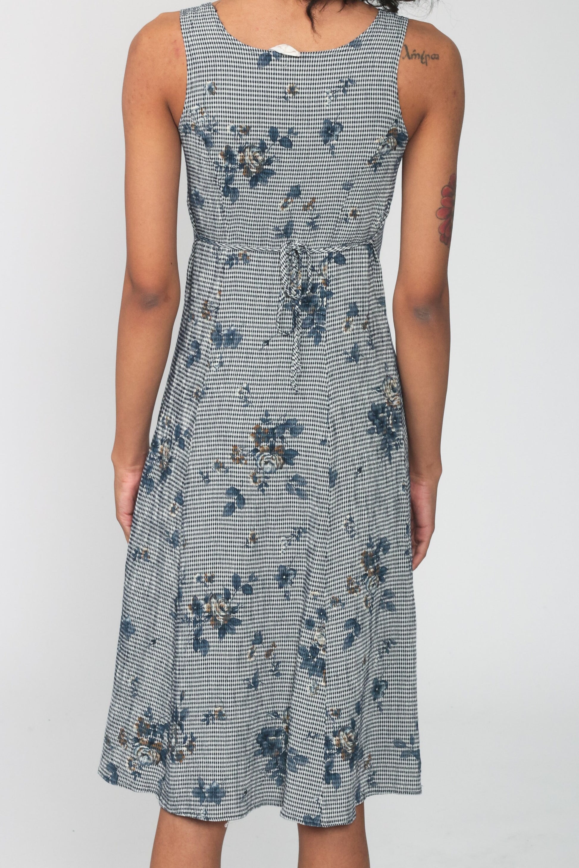 90s Gingham Floral Rayon Midi Dress Sleeveless Sheath Blue Extra Small