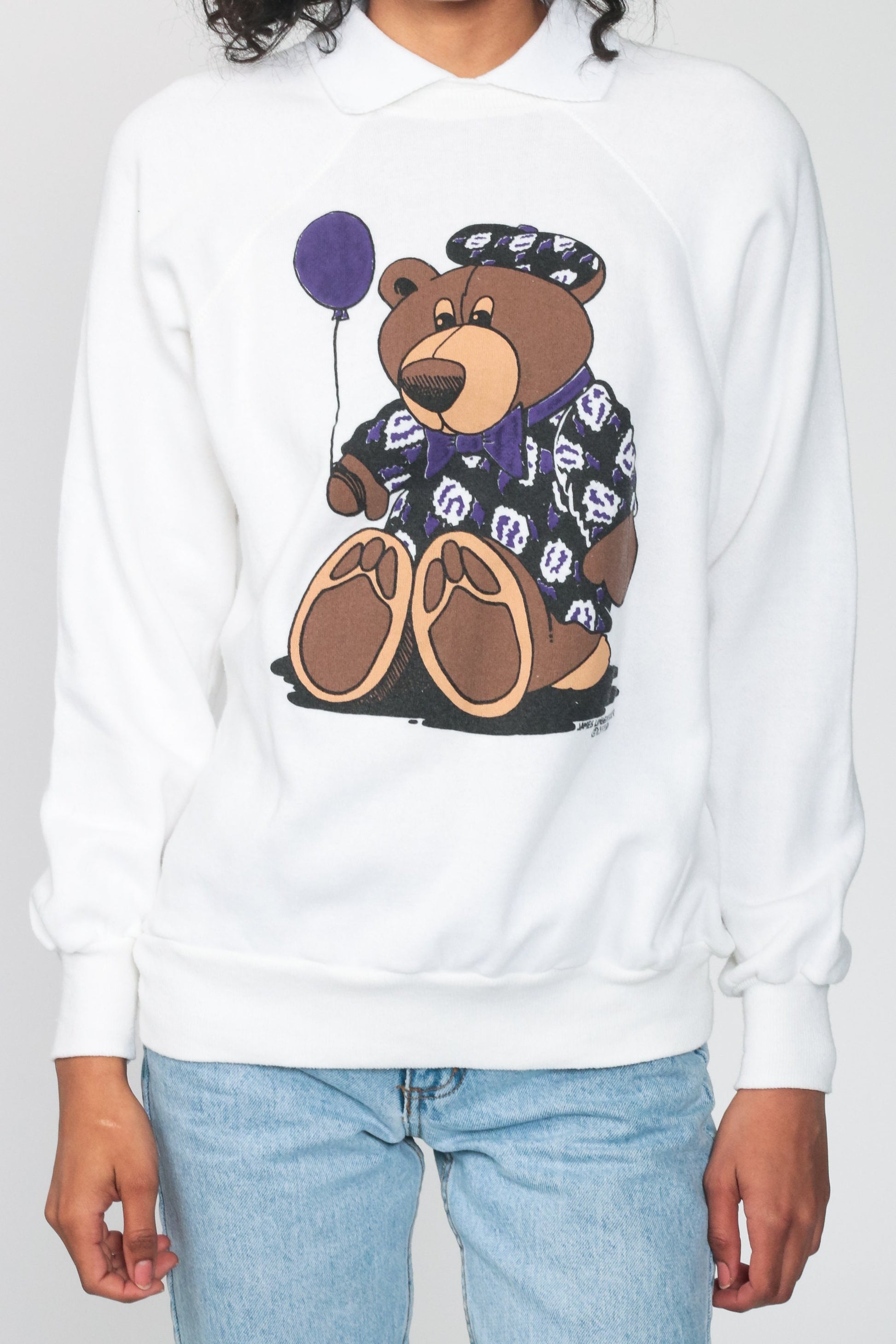 80s Teddy Bear Balloon Raglan Sweatshirt Cream Collar Graphic Medium