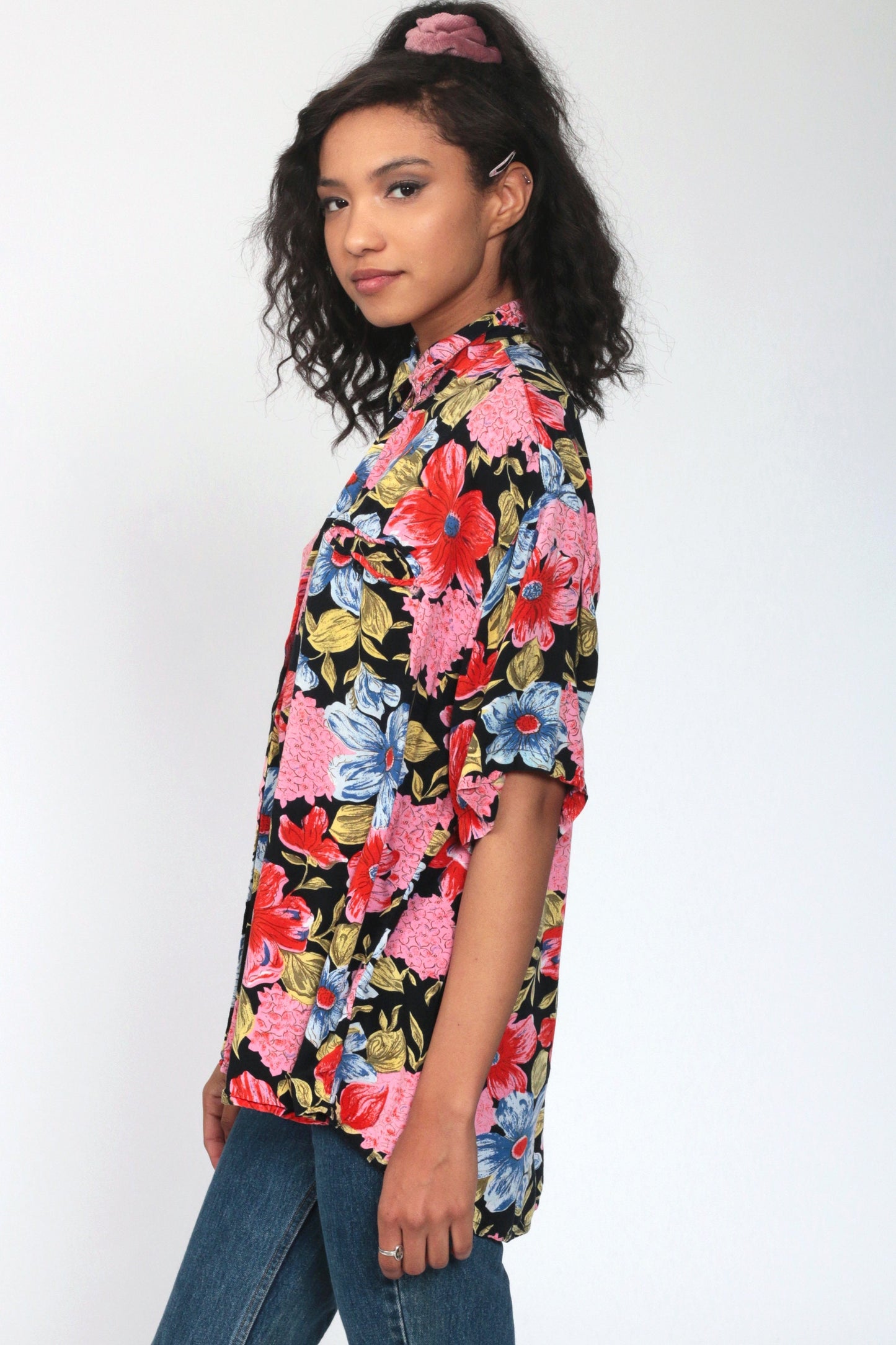 80s Floral Button Up Shirt Rayon Short Sleeve Blouse Black Red Pink Large
