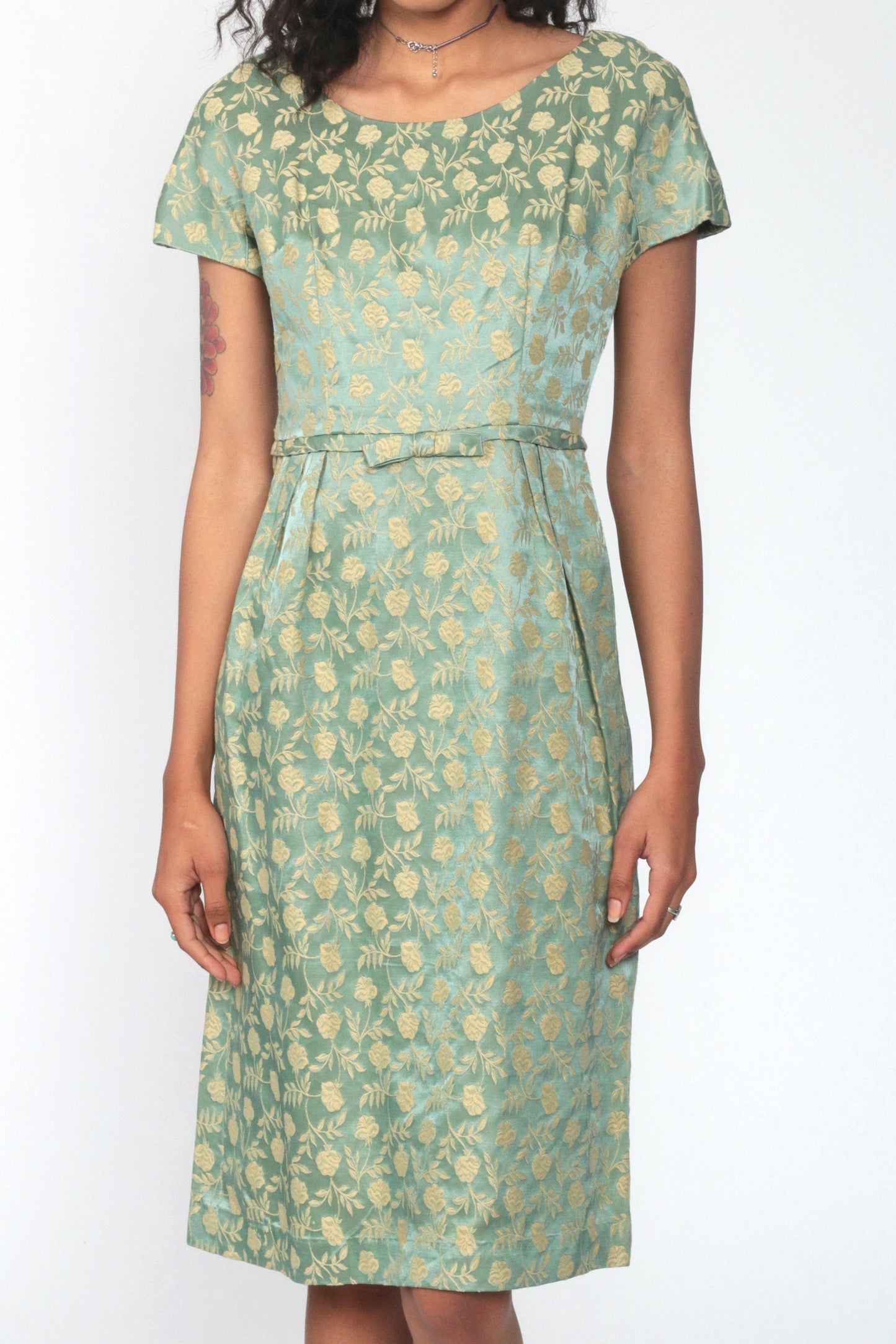 60s Leslie Fay Green Floral Brocade Dress Knee-Length Sheath Extra Small