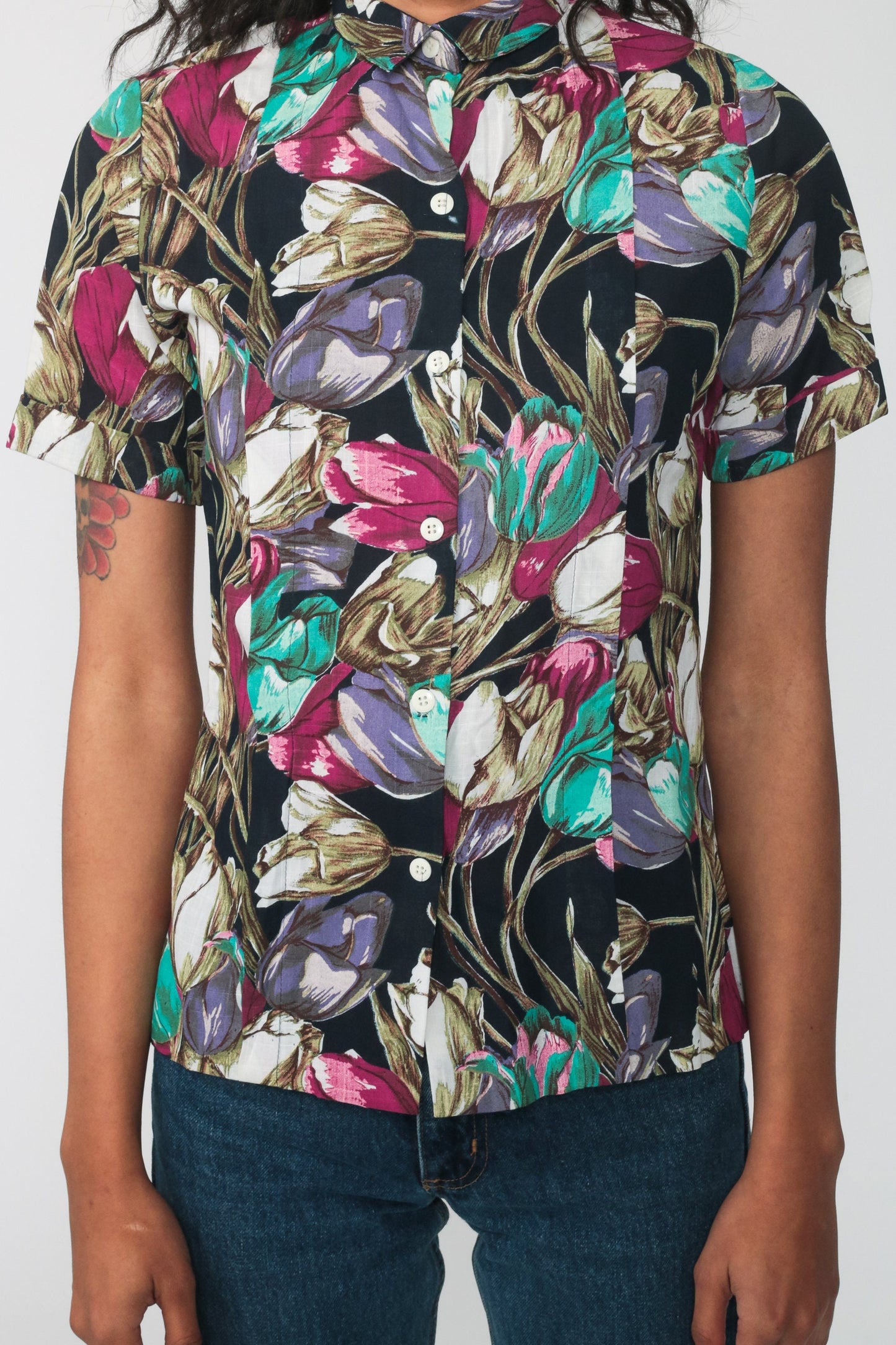 90s Floral Rayon Button-Up Shirt Short Sleeve Grey Small
