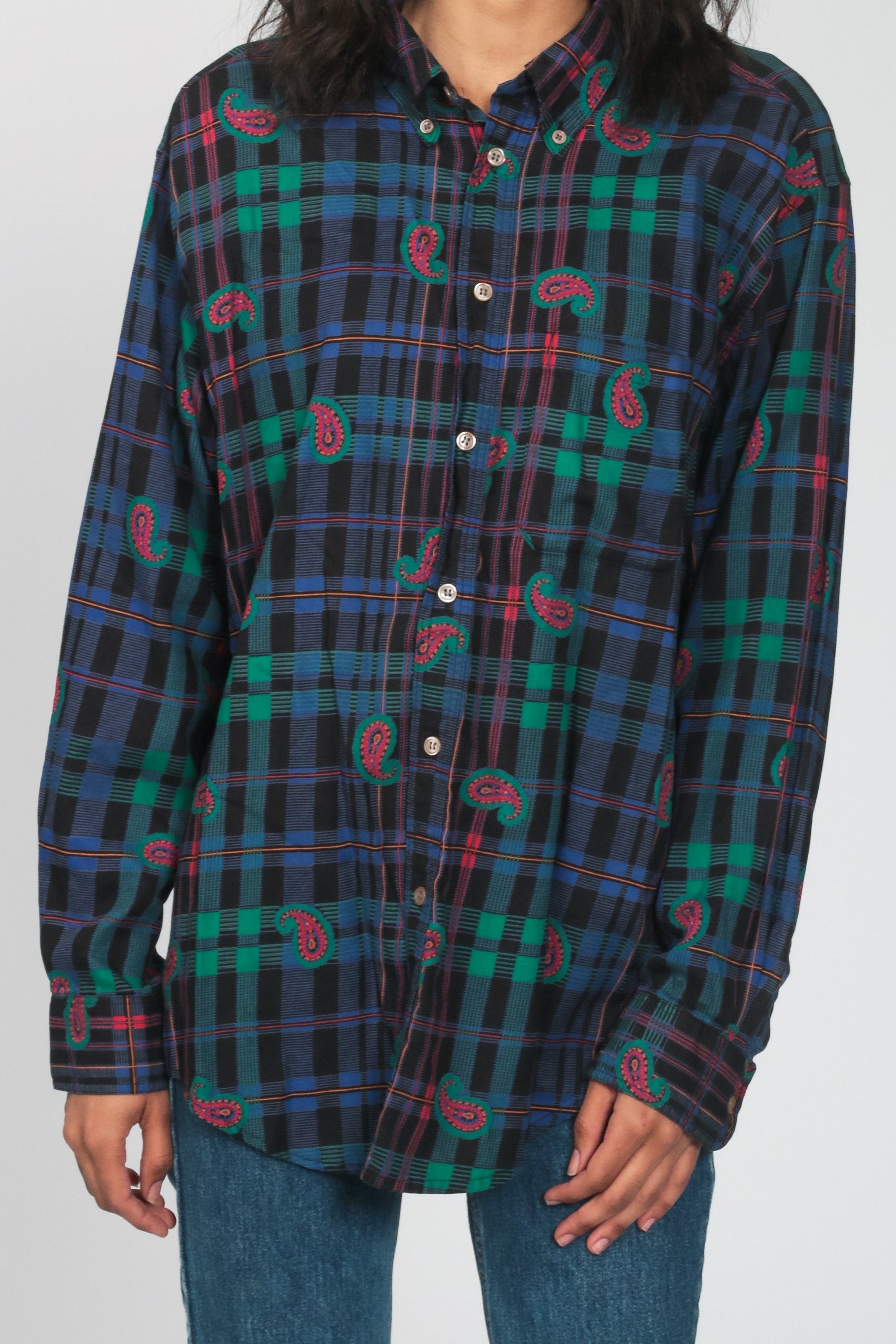 90s Plaid Paisley Button Up Shirt Blue Long Sleeve Blouse Large