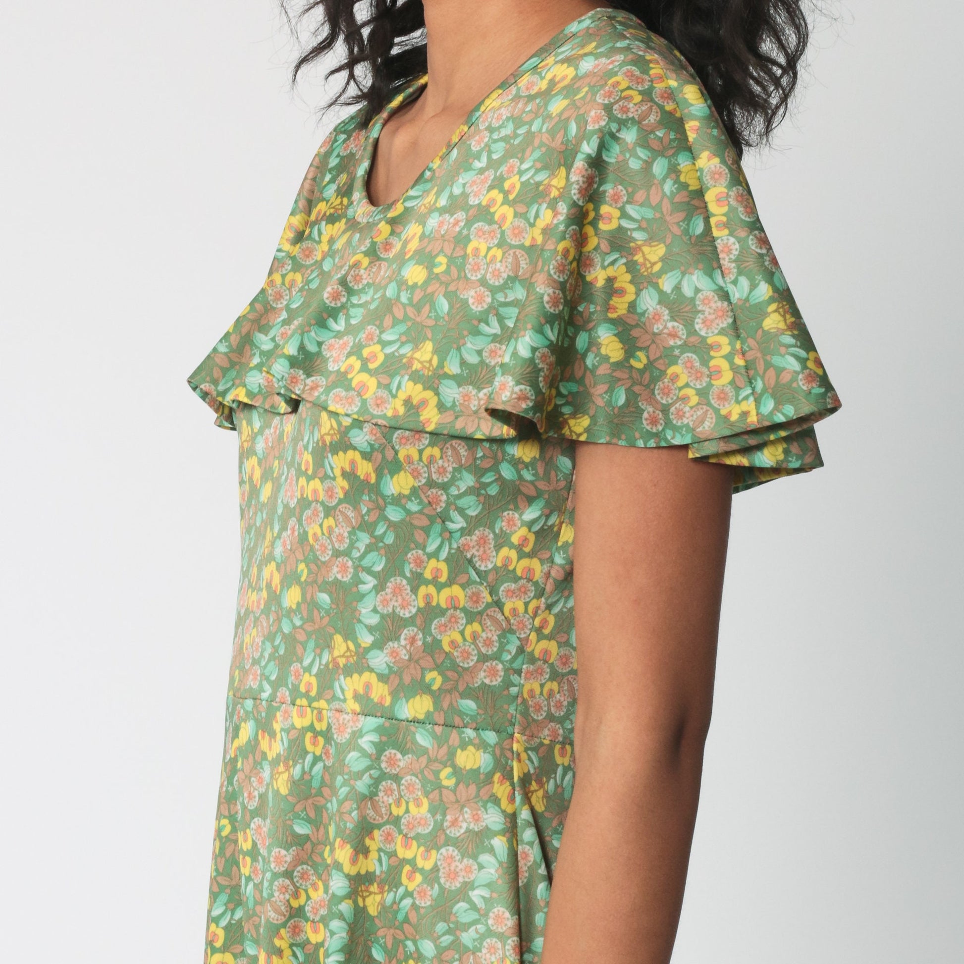 70s Green Floral Midi Dress Capelet High Waist Sleeveless Small
