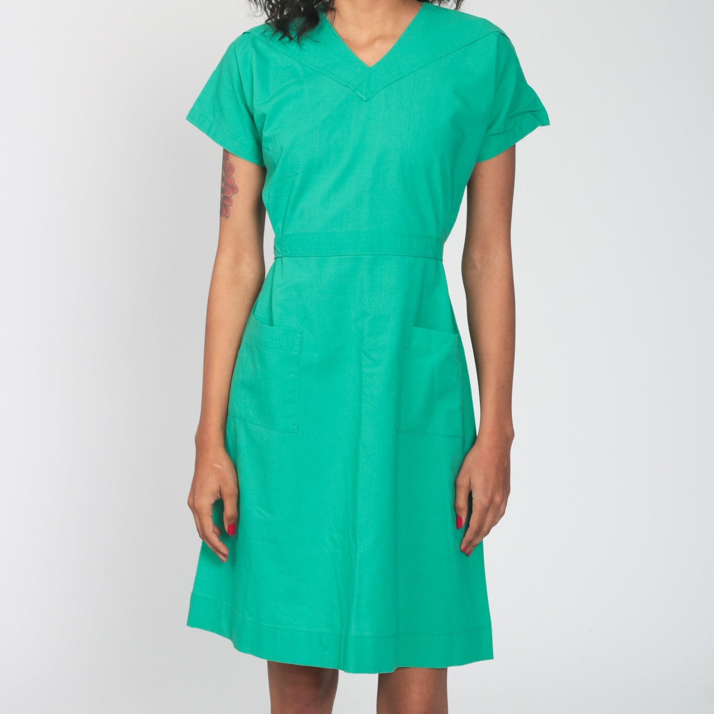 70s Green Midi Dress Cap Sleeve High Waist V Neck Pocket Small