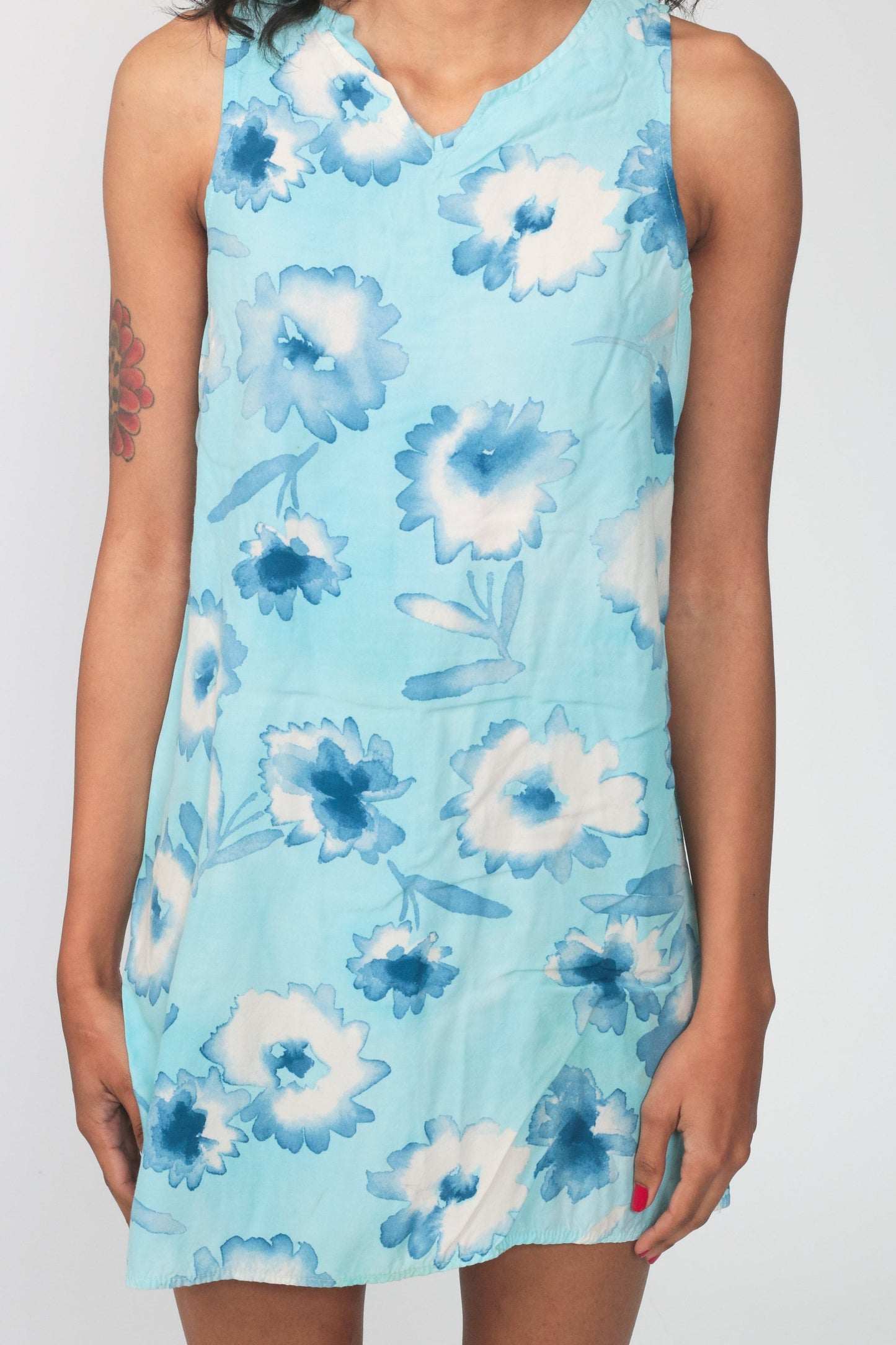 90s Blue Floral Mini Sundress Sleeveless Shift Dress Small