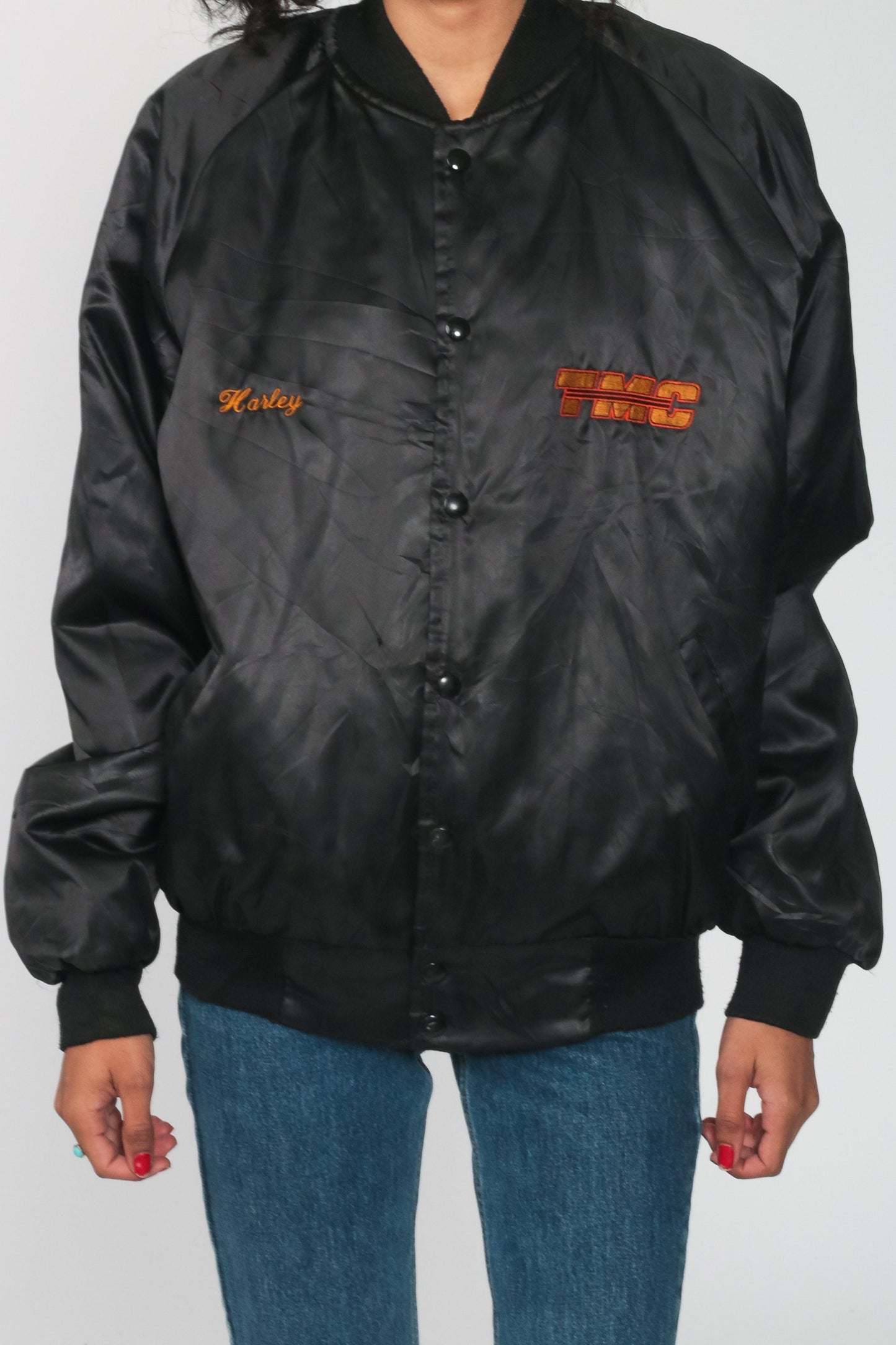 80s TMC Specialized Black Satin Bomber Jacket Snap Up Medium Large