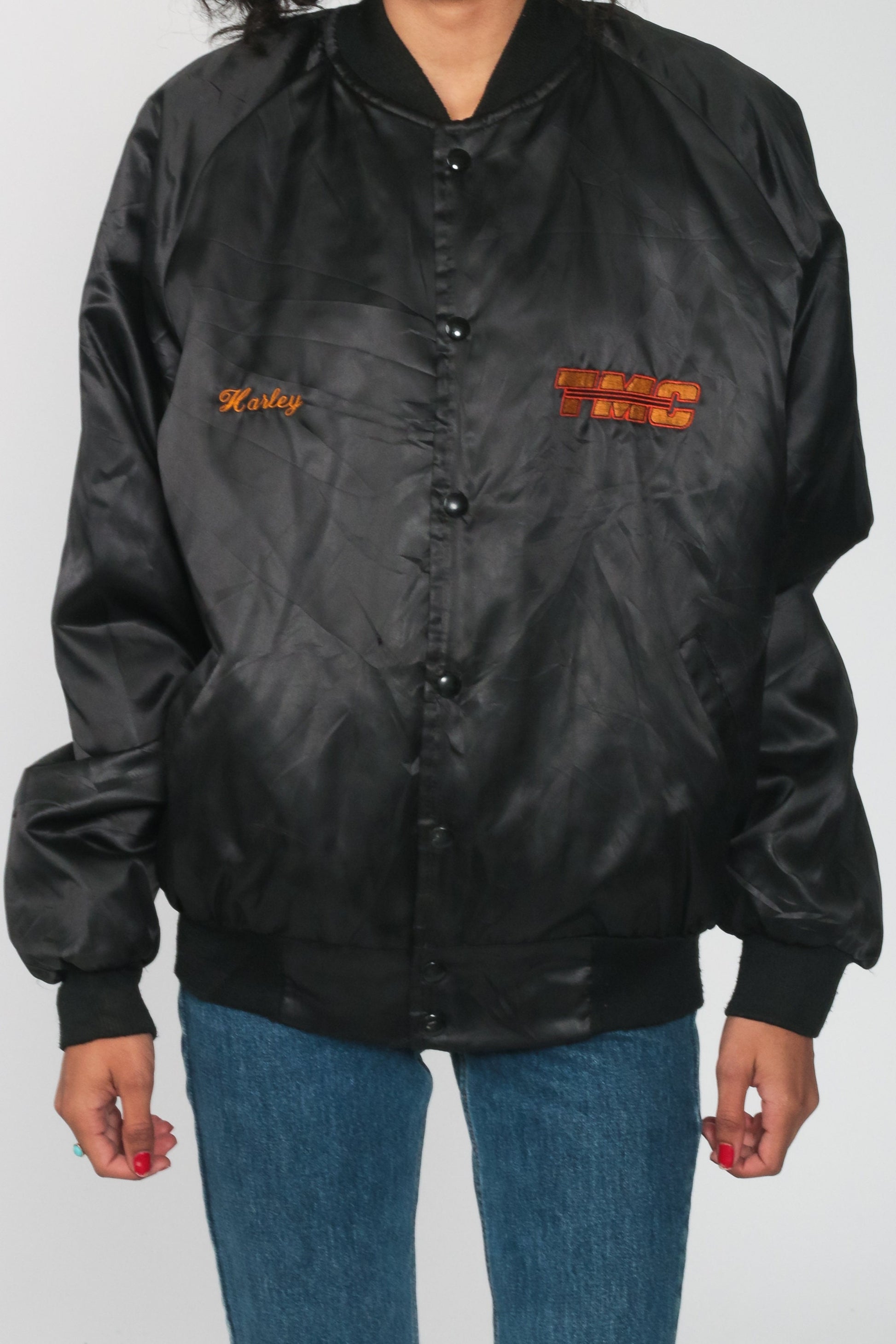 80s TMC Specialized Black Satin Bomber Jacket Snap Up Medium Large