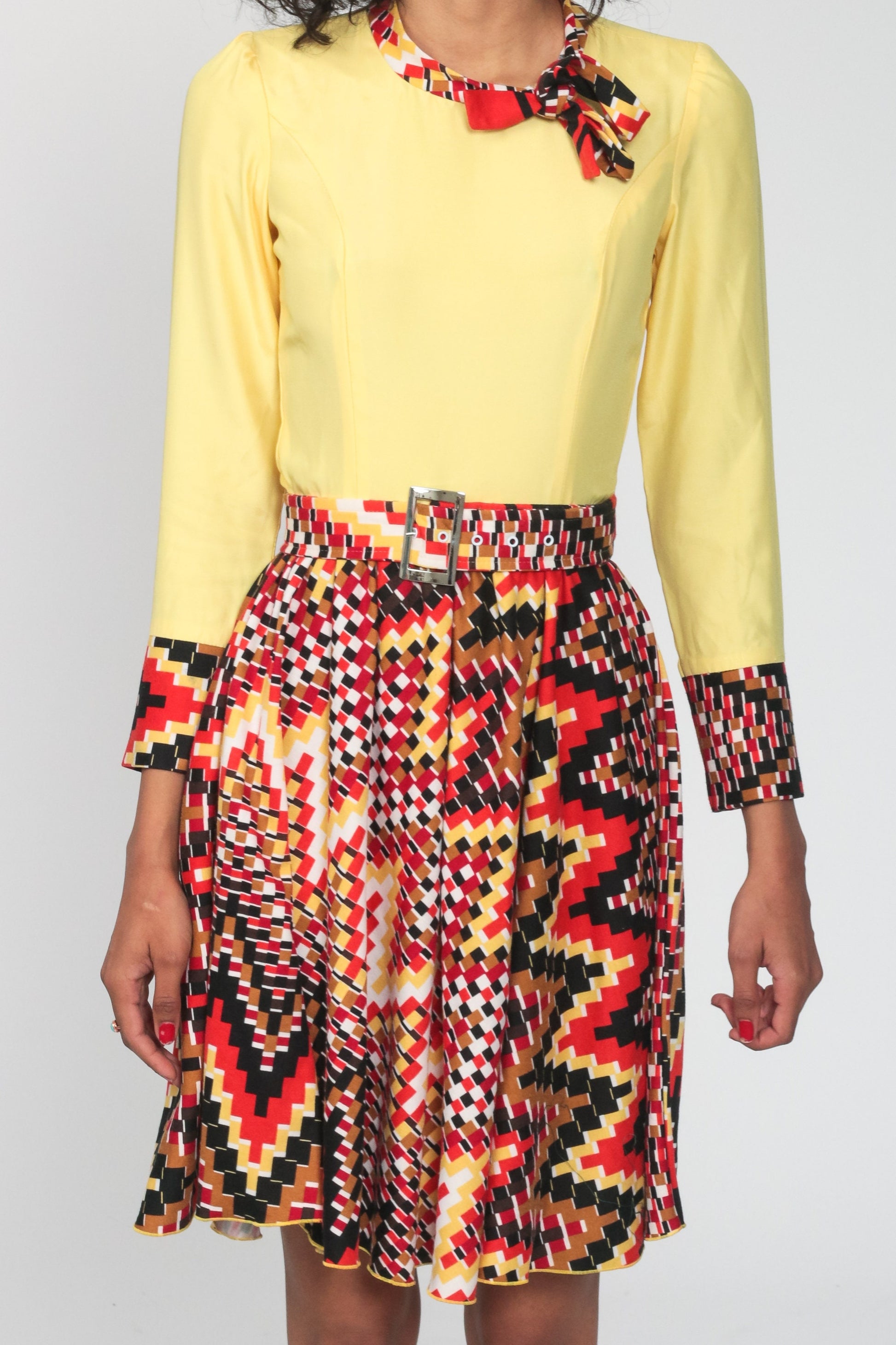 70s Geometric Mini Dress Long Sleeve High Waist Yellow Orange Extra Small