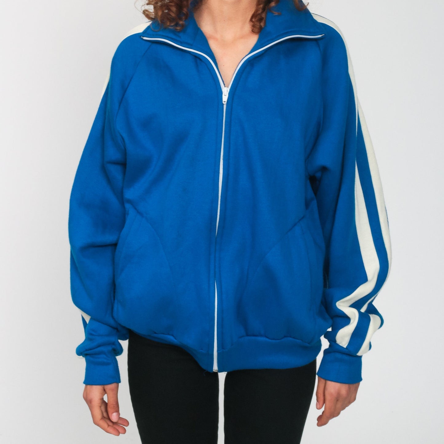 80s Royal Blue Striped Raglan Track Jacket Zip Up Small Medium